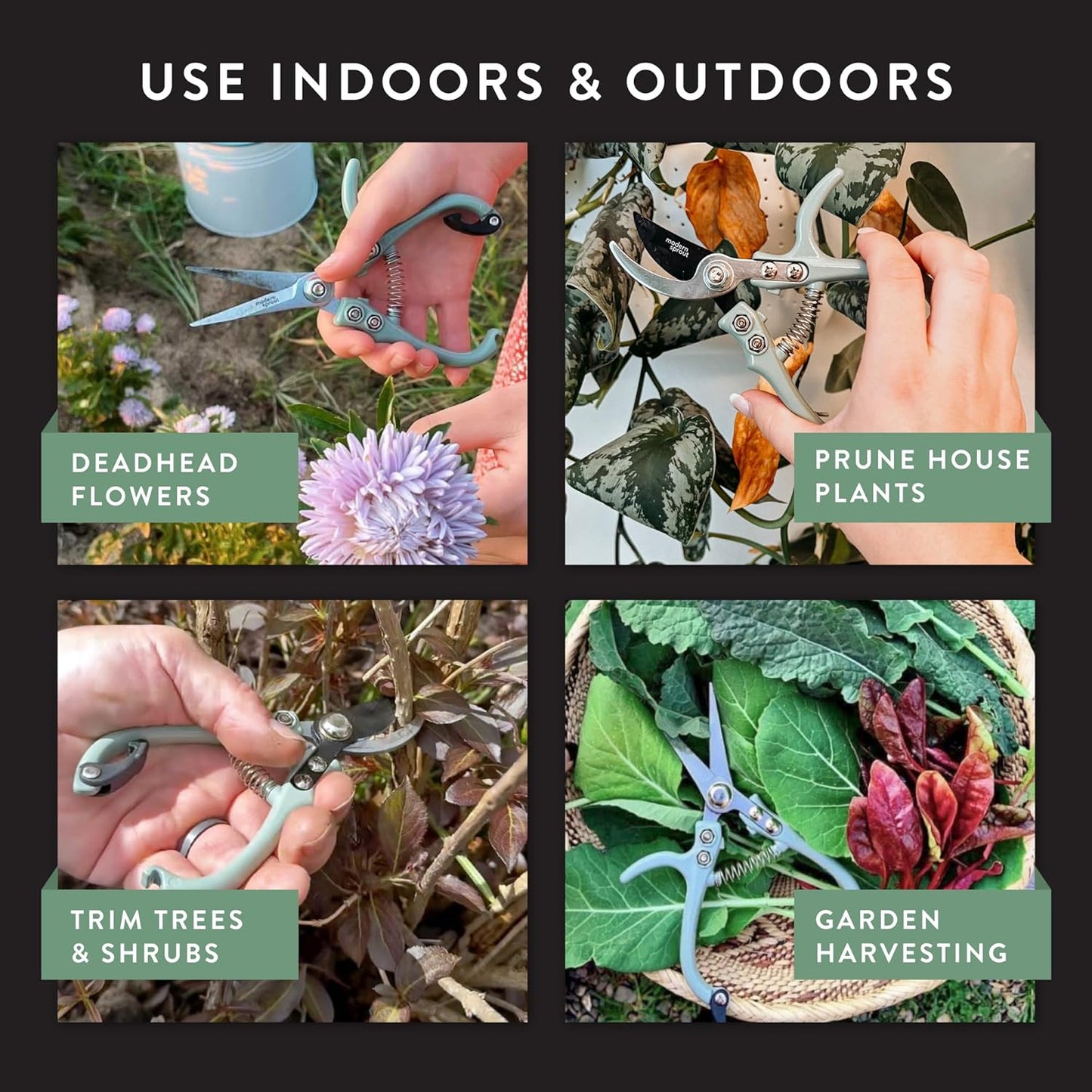 Modern Sprout Hand Pruners & Shears Set - Lightweight Gardening Tools W/Easy Lock - Sharp Carbon Steel Blades -Rust Resistant Scissors for Herbs, Flowers - Reusable Holster - Green