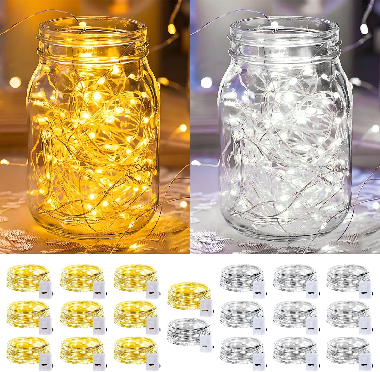 20 Pack LED Fairy Lights Battery Operated,3 Features Blinking Slowly Blinking & just on 7FT 20 LED Waterproof Mini Twinkle String Lights for Christmas Decorations,10 White & 10 Warm White