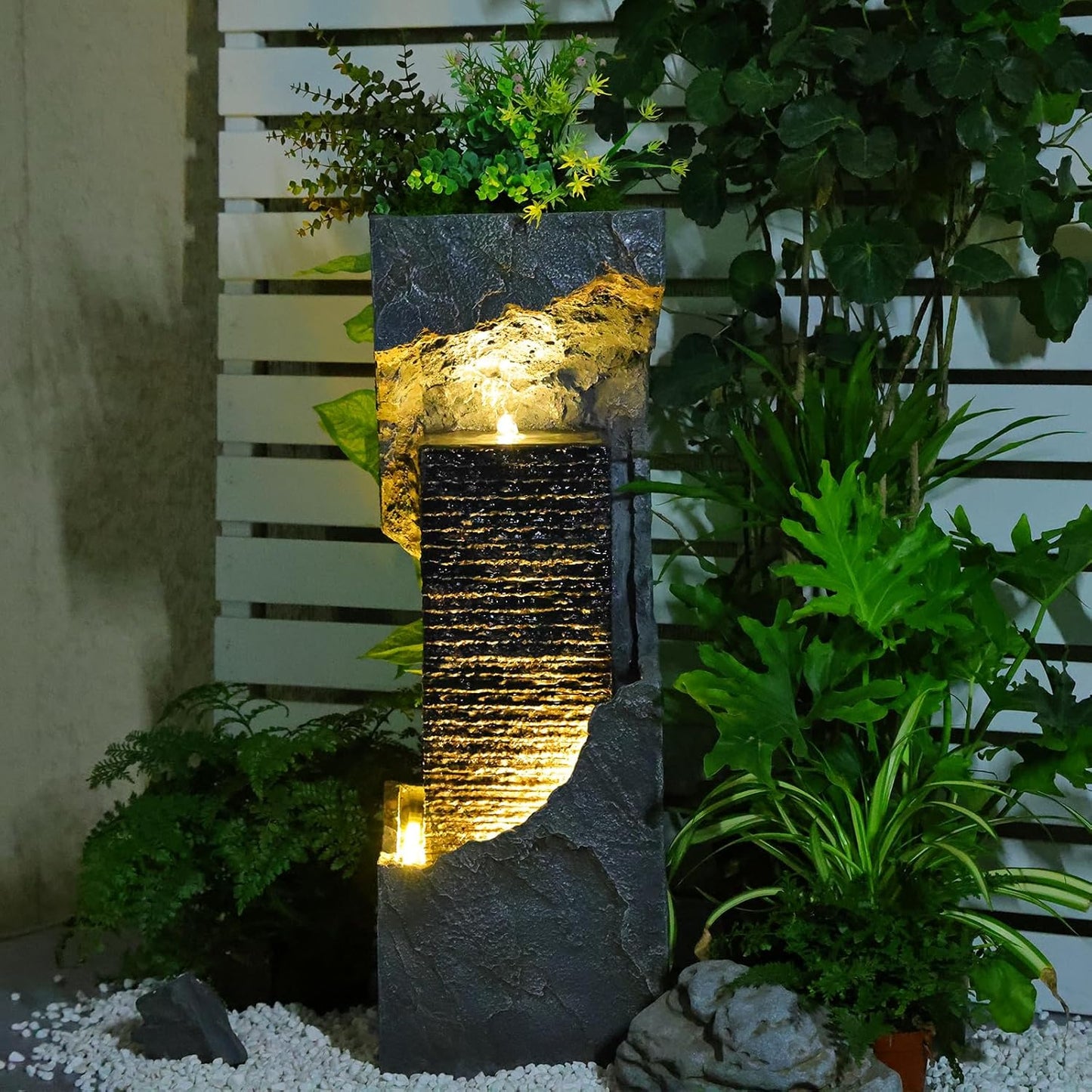 Water Fountain Outdoor Garden 35.4" H Modern Outdoor Fountains and Waterfalls with Lights Flooring Standing Indoor Water Fountains for Garden, Patio, Deck, Backyard, Porch and Home Art Decor