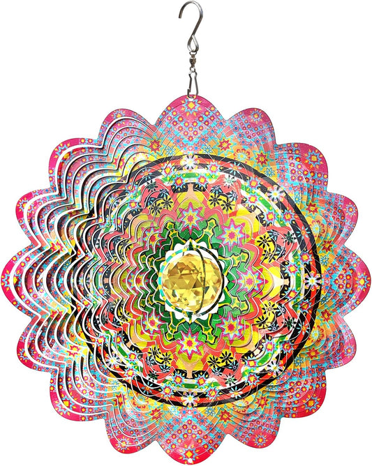 FONMY Mandala Wind Spinner w/Crystal Ball-Romatic Flower 3D Stainless Steel Hanging Spinners Worth Gift Christmas Decoration Indoor/Outdoor Garden Décor Kinetic Yard Art 12 Inches Wind Sculpture