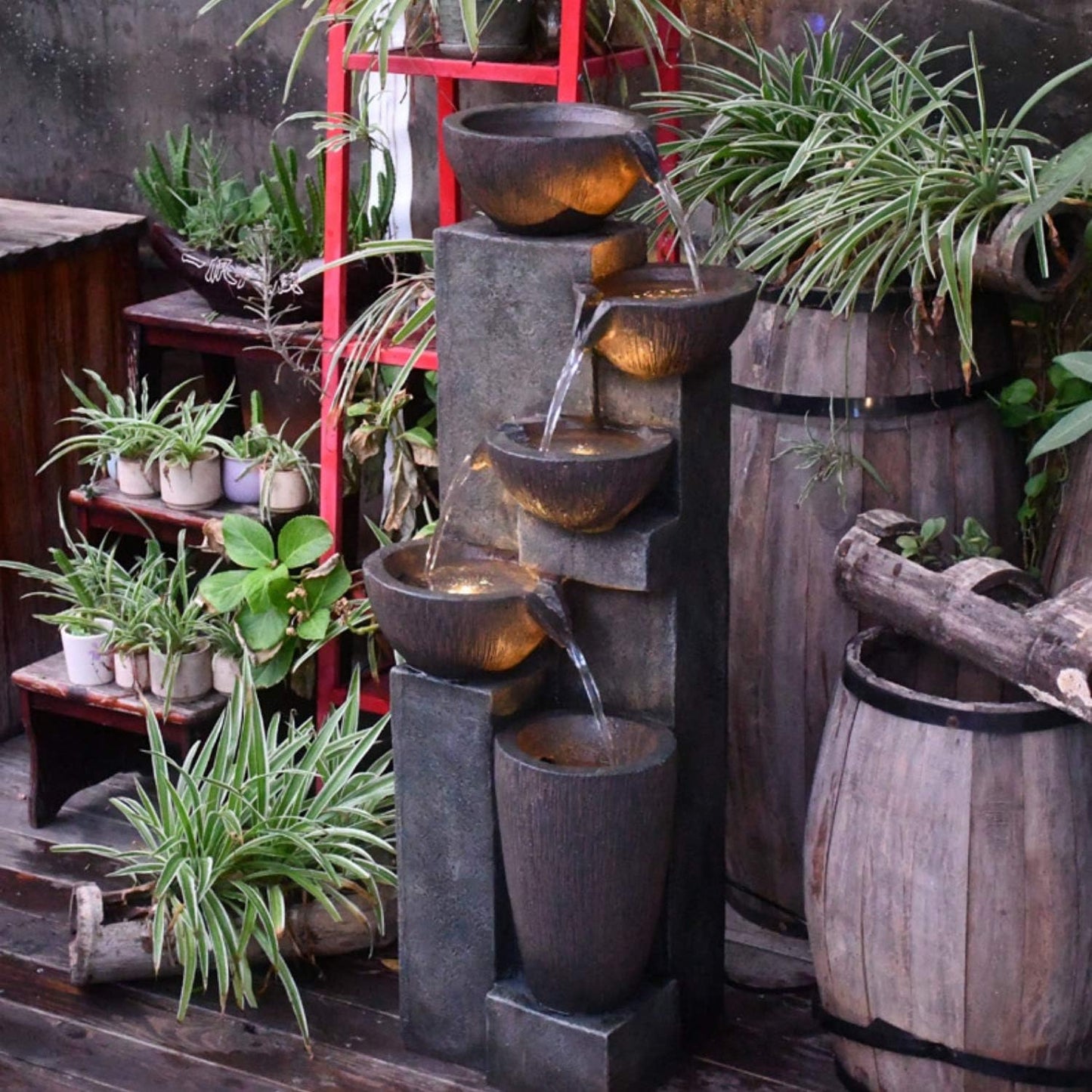 SunJet 5-Tier Outdoor Water Fountain Resin Fountain Decor with LED Lighting Natural Polyresin Looking Stone Decor for Garden Patio Fold Court Yard Deck 12.99" L x 13.78" W x 39.76" H