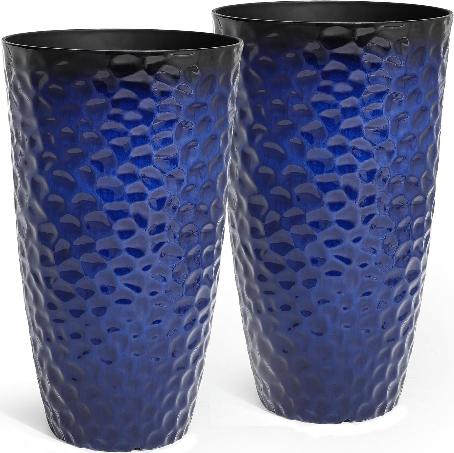 23.75" H Large Tall Outdoor Planters, Set of 2 Plastic Large Flower Pots for Outdoor Plants, Gradient Cobalt Blue Honeycomb Textured, Weather-Resistant for Porch, Garden, Patio or Indoor Use