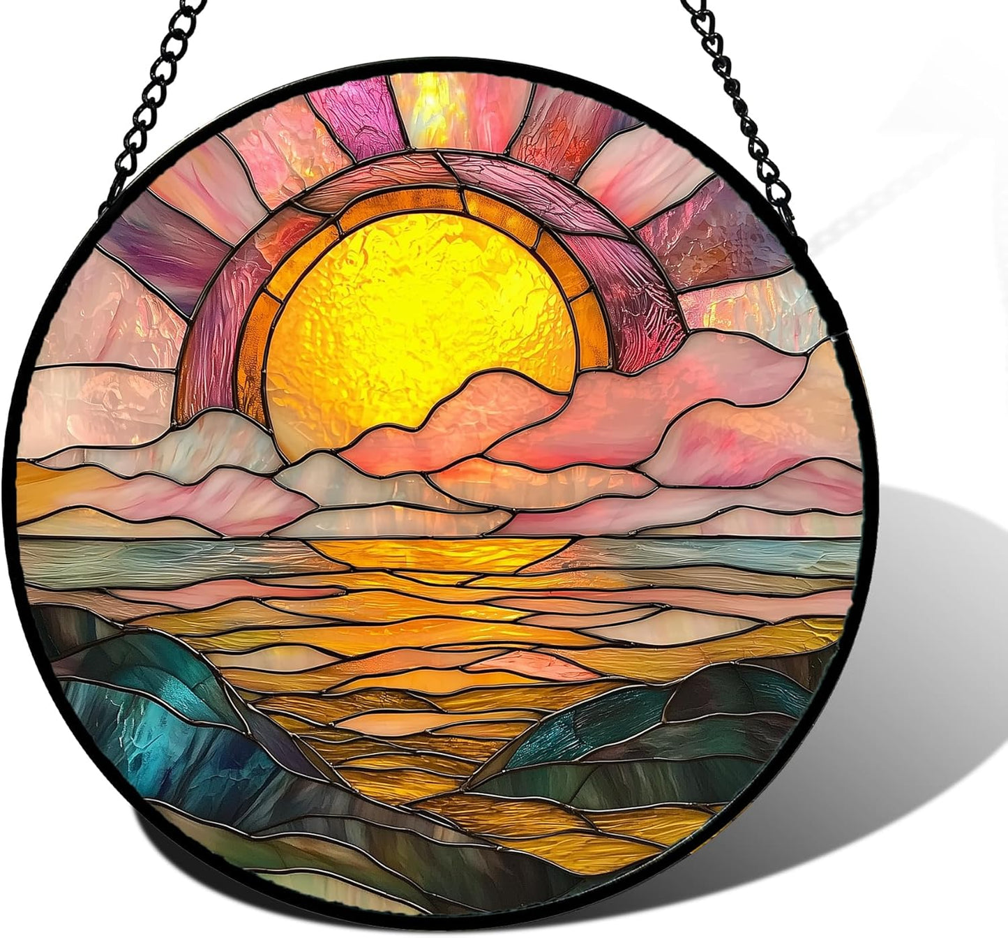 Stained Glass Window Hanging, Sunrise Over The Sea Suncatcher Diamond Glass Panel Hangings Abstract Sun Catchers Decor for Birthday for Women, Men, Wife, Aunt, and Mom 7.8 in