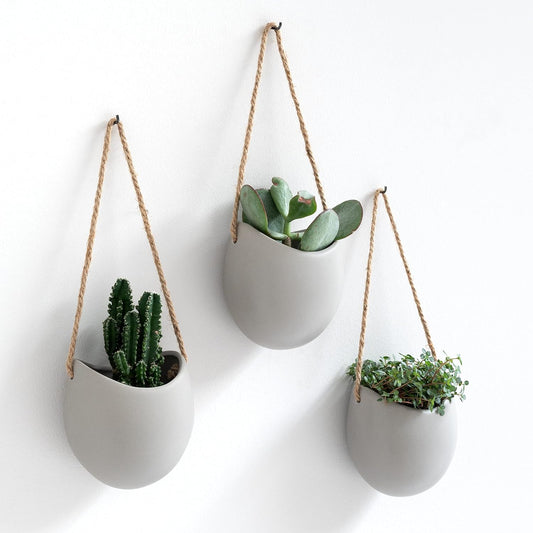 Kazai. Wall Planters -Ellie- | Hanging Ceramic Plant Pots 3 Pieces | Wall Decoration for Indoors, Balcony and Garden | Light Grey (Matte)