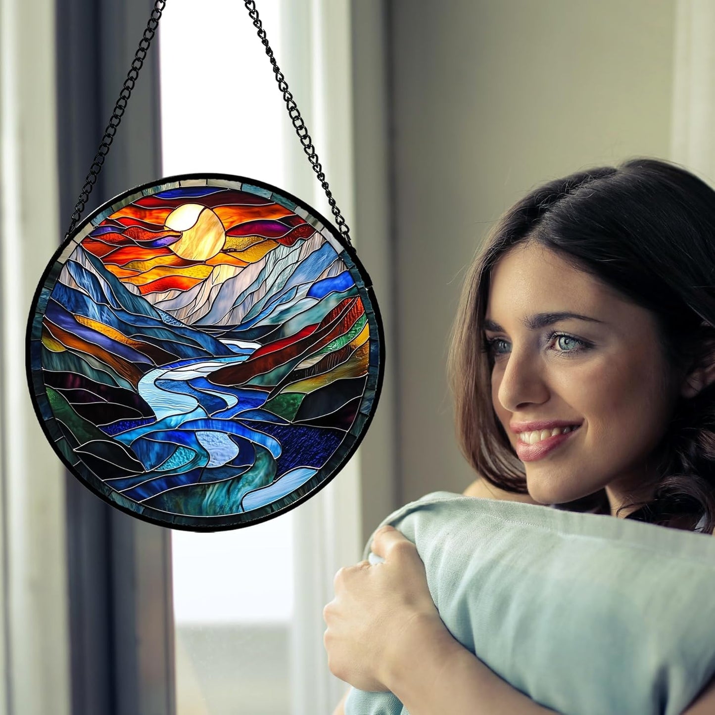 Stained Glass Window Hanging, Canyon Mountains Sunset View Sun Catcher for Window Home Decor Landscape Suncatcher Mother's Day Birthday Gifts for Women Men Mom and Nana 9.8 in