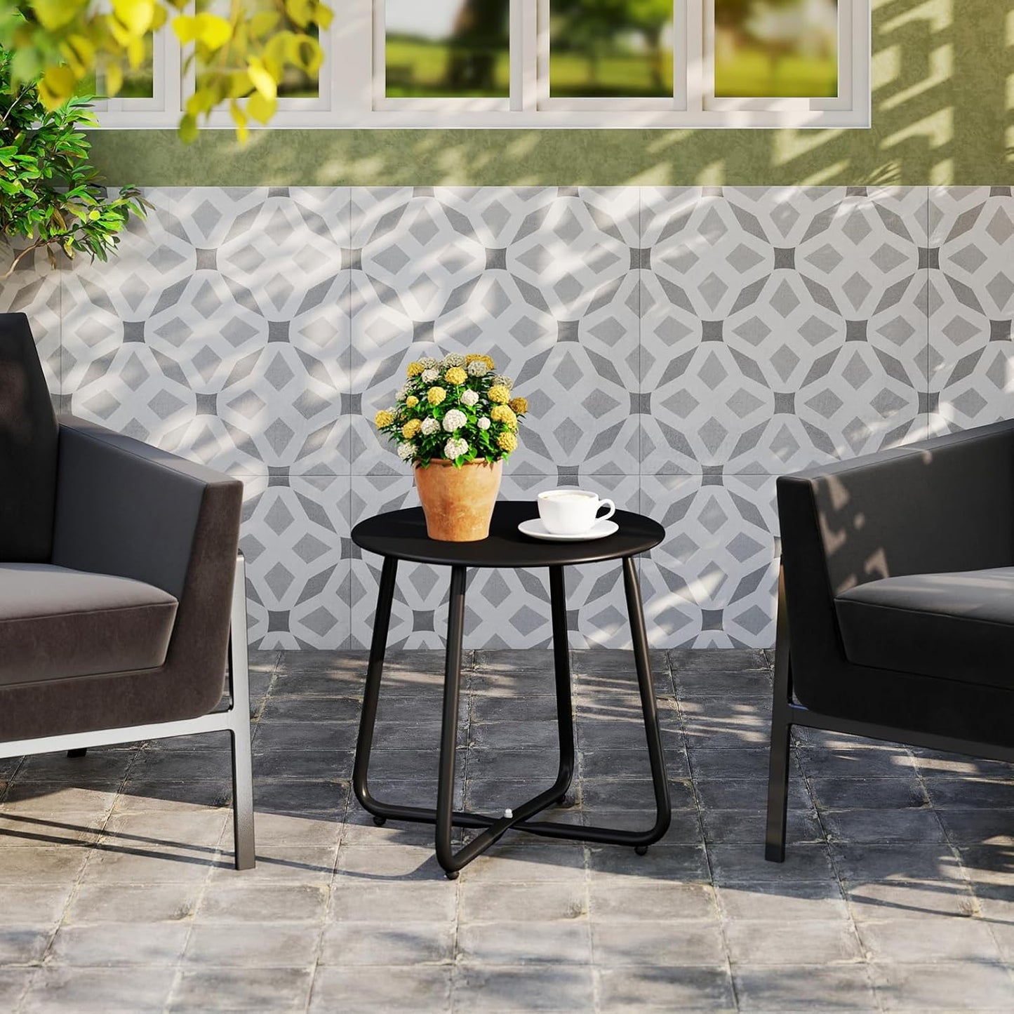 HollyHOME Round Metal Side Table, Rust-Resistant Patio Small Plant Stand, Outdoor 17.32'' Portable End Table for Balconies, Gardens, Living Rooms and Bedrooms, Black