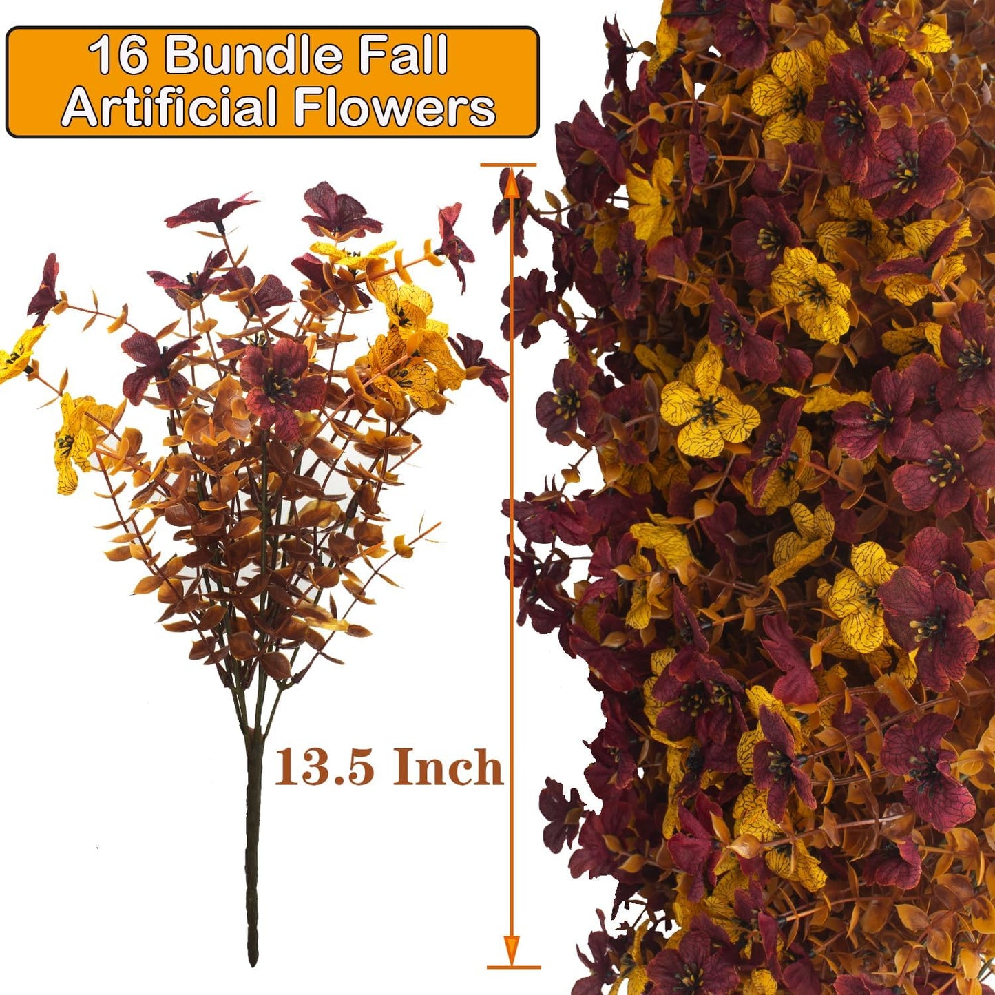 16 Bundles Artificial Fall Mums with Eucalyptus, Faux Daisy UV Resistant Outdoor Decor - Autumn Orange Flowers for Front Door Porch Planter, Patio, Thanksgiving Christmas (Fall Yellow&Red)