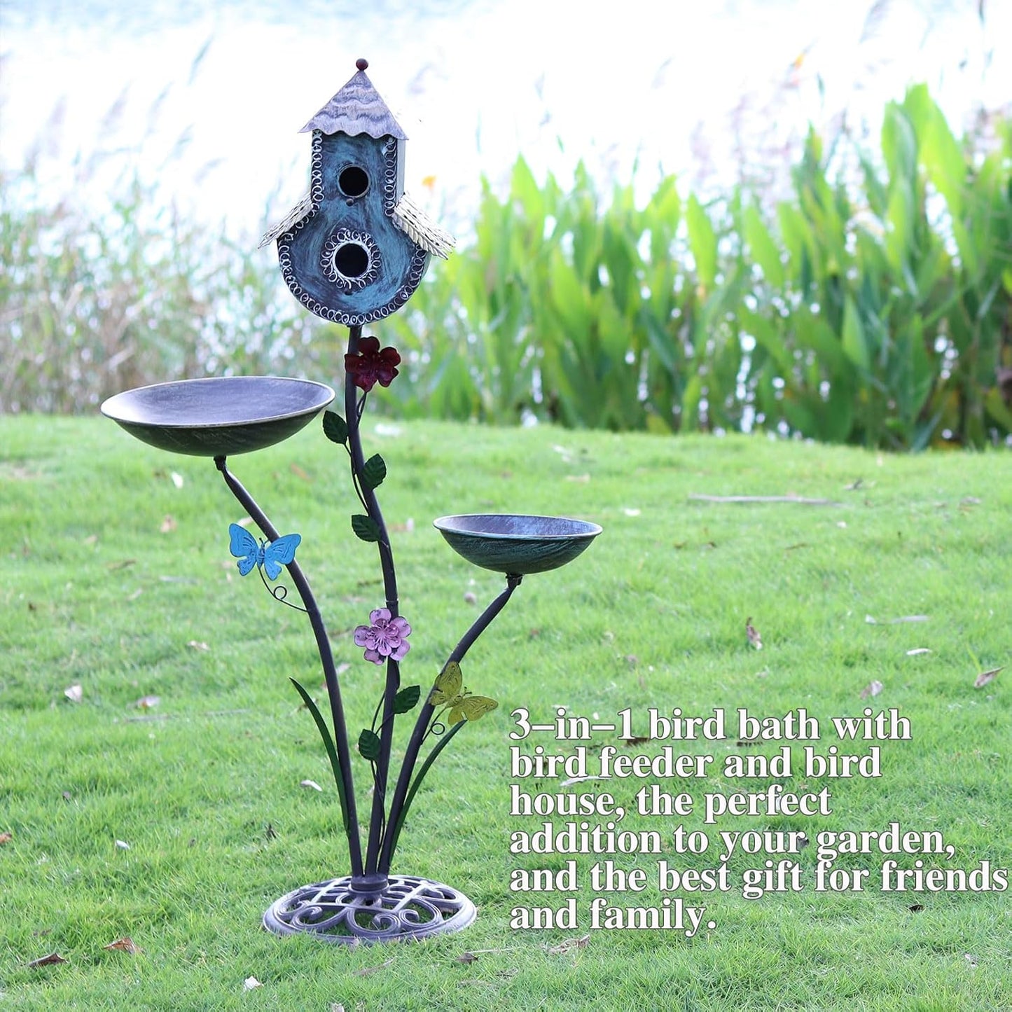 38" H Birdbaths for Outdoors,Metal Bird Feeder and Bird Houses for Outside,3-in-1,Garden Yard Decor
