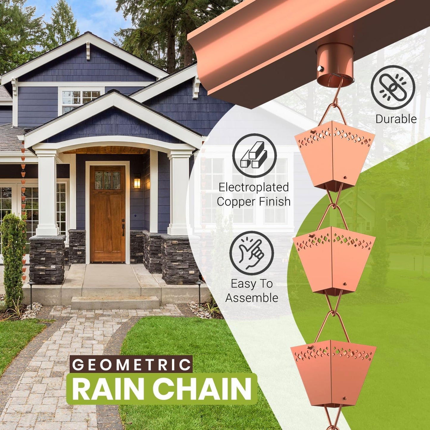 Rain Chain Kit w/Adapter & Extension | Copper Rain Chains for Gutters 10 ft | Rain Chain | Gutter Chain Downspout | Rain Chains for Outside | Rain Catcher | Rain Chimes