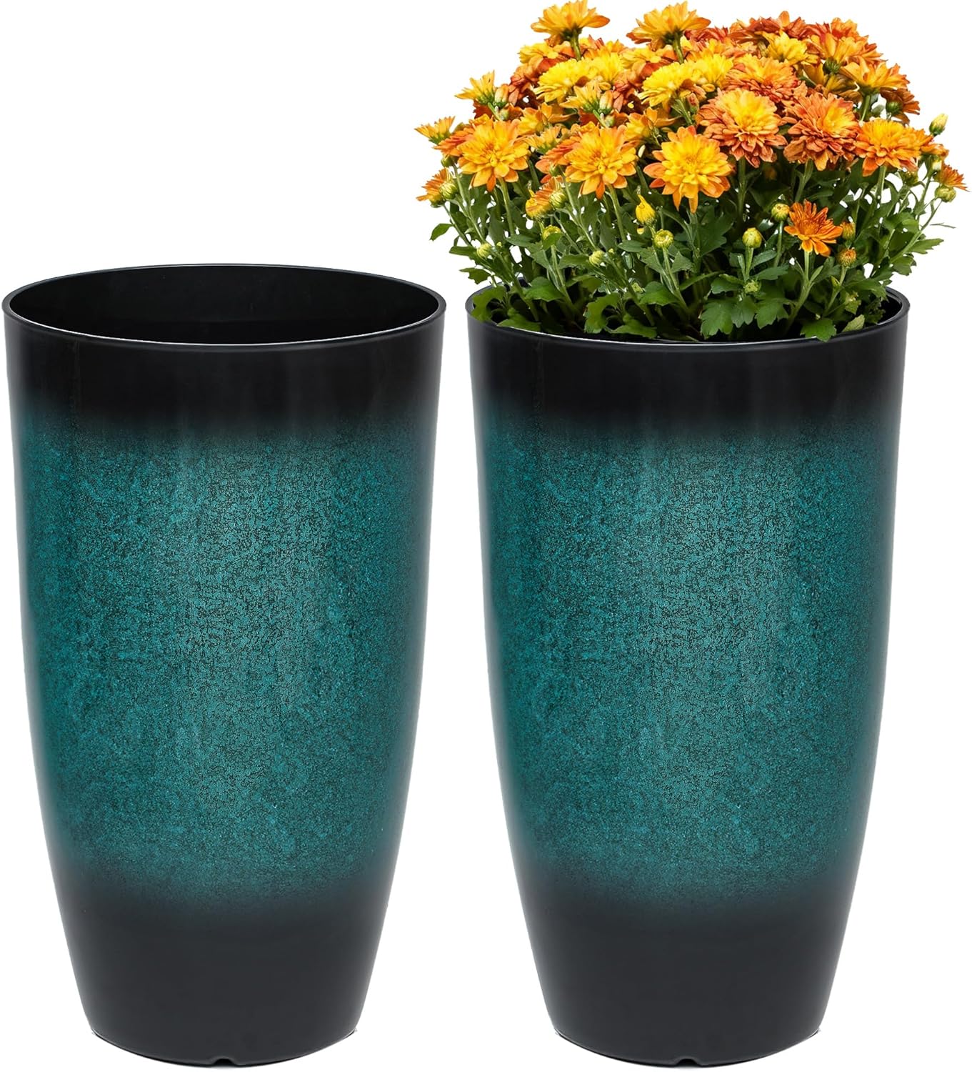 23.6" H Large Tall Outdoor Planters, Set of 2 Plastic Large Flower Pots for Outdoor Plants, with Gradient Turquoise Finish, Weather-Resistant for Porch, Garden, Patio or Indoor Use