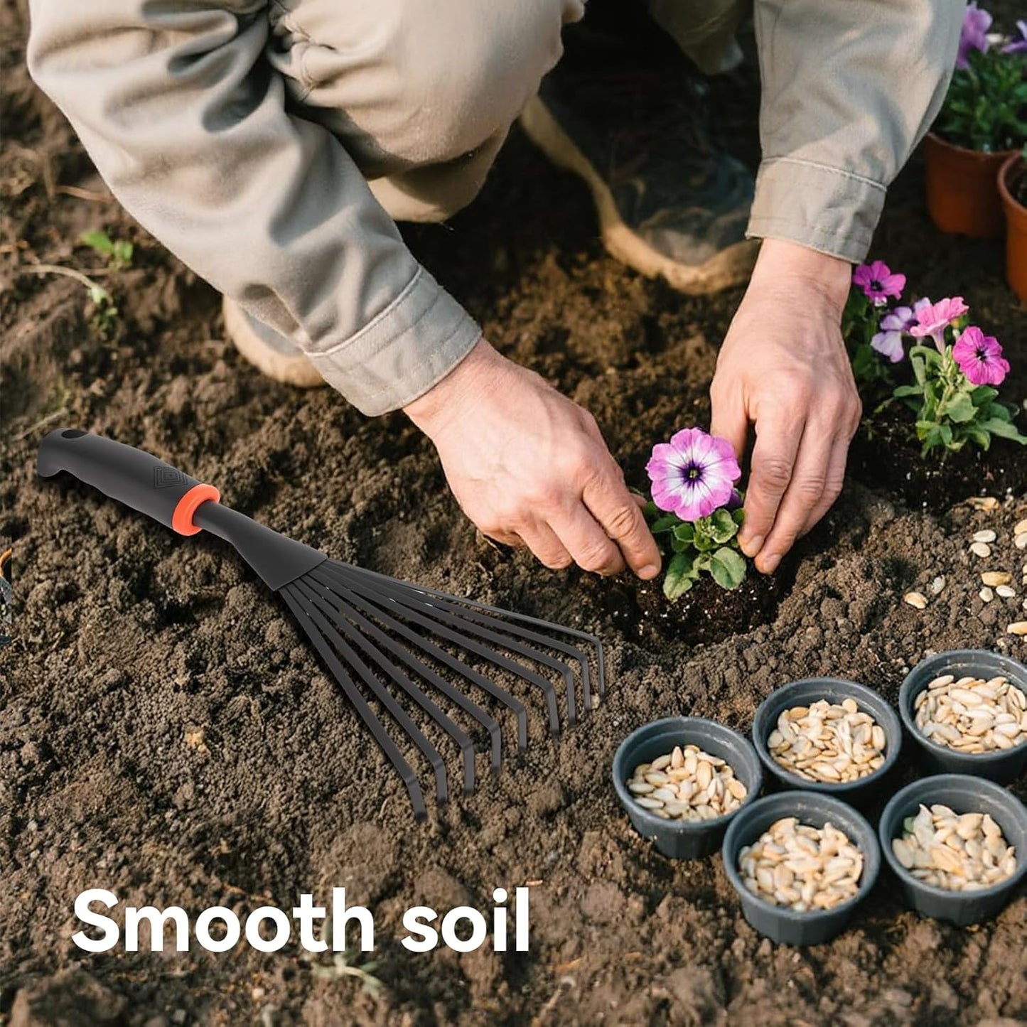 2 Pcs Gardening Hand Rake, 14.5" Alloy Steel Short Handle Shrub Rake for Soil Loosening, Planting and Spreading Mulch, Raking Flower Beds