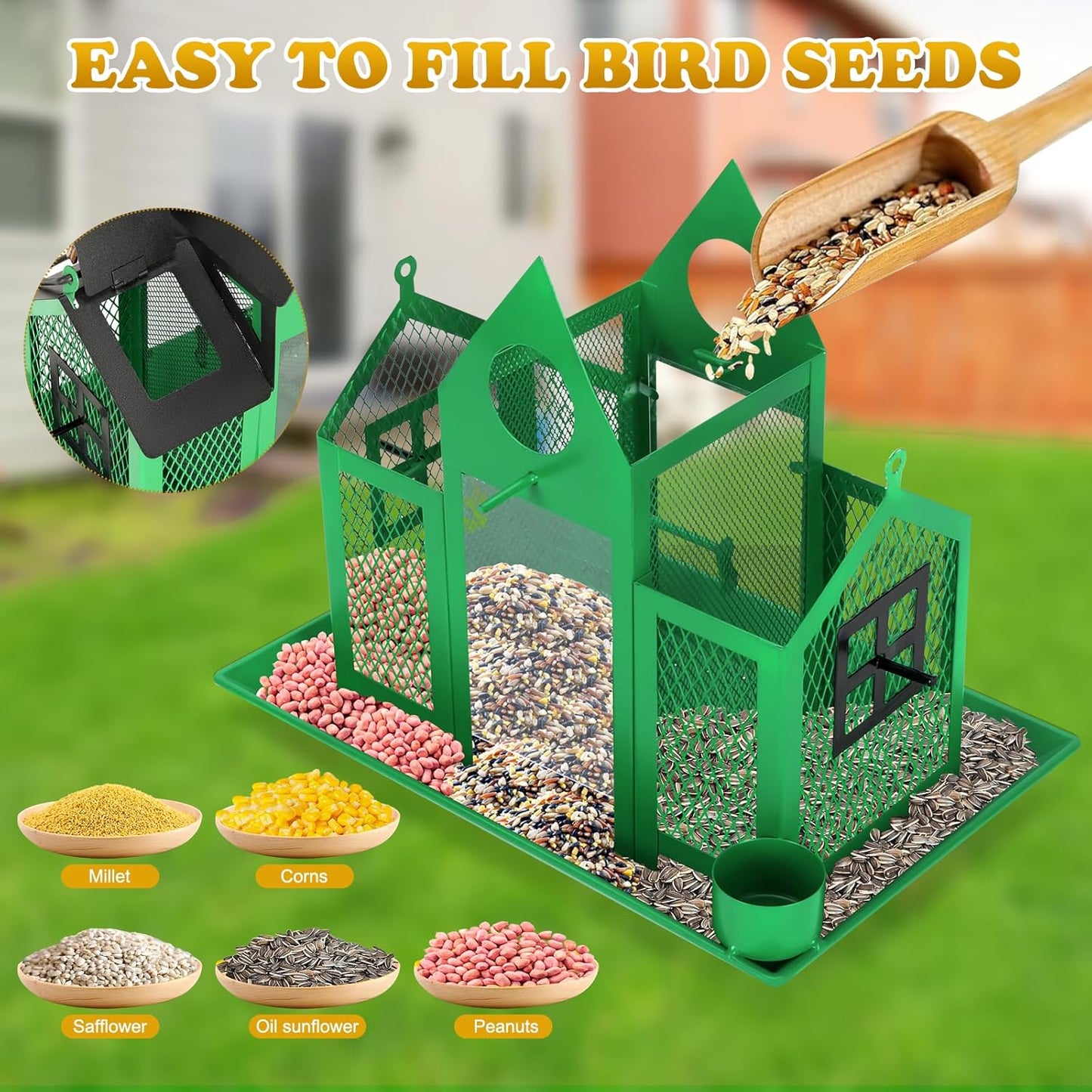 Solar Bird Feeders House for Outside Hanging, Metal Wild Bird Feeder for Outdoors, Large Cardinal Bird Feeder Birdhouses Green