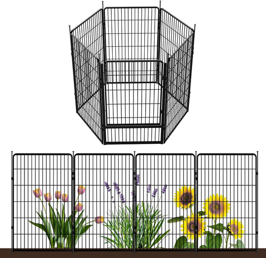Decorative Garden Fence with Gate 45 in(H) x 13.4 ft(L) 6 Panels, Heavy Duty Metal Animal Barrier Fence for Yard, Flower Bed Fencing, Garden Border Fence, Easy Set Up, Black