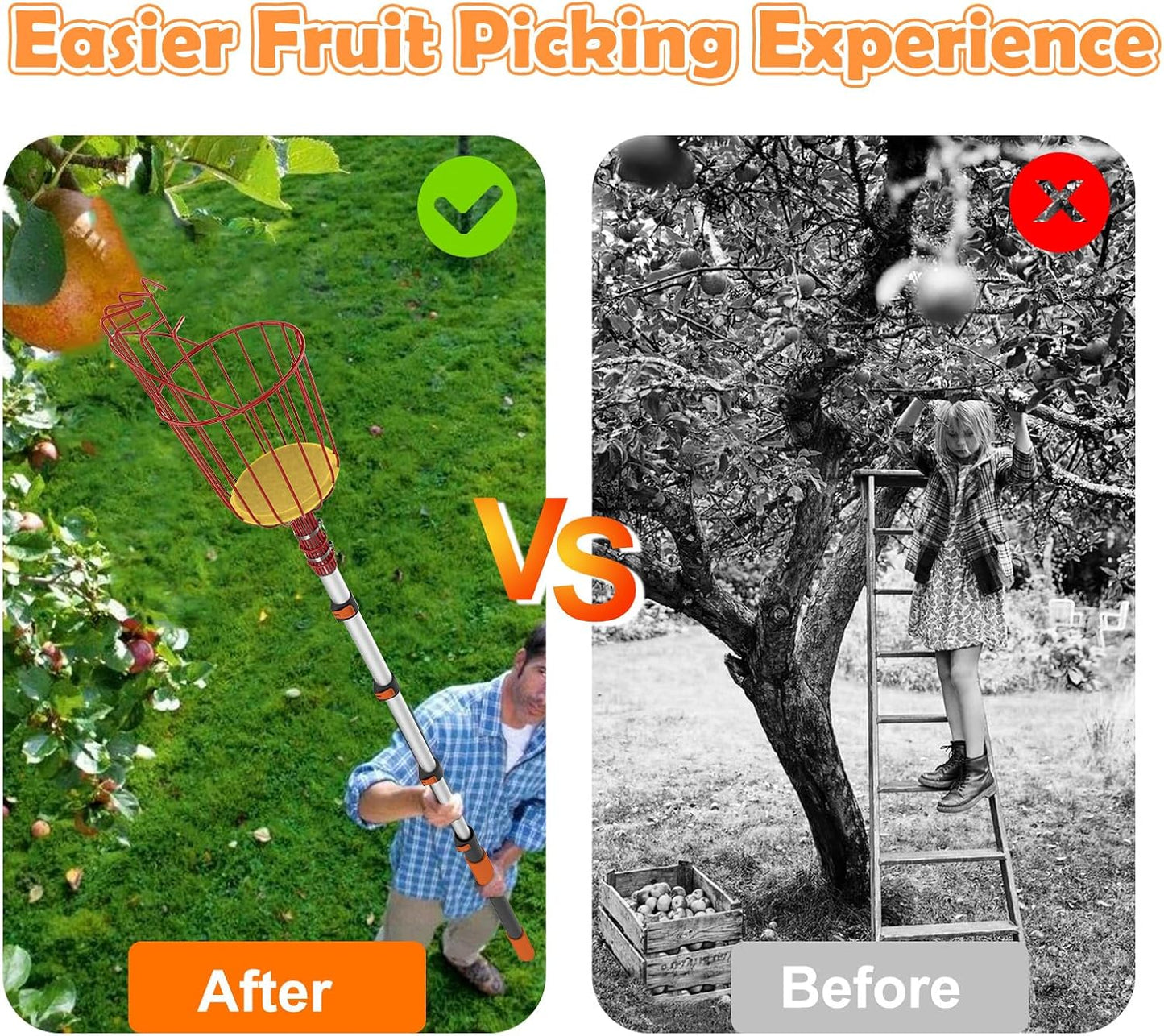 SISIUPASSIE 26FT Reach Fruit Picker, Apple Picker Pole with Basket Telescoping Tool for Apple Lemon Orange Mango Avocado Fruit Tree Picking