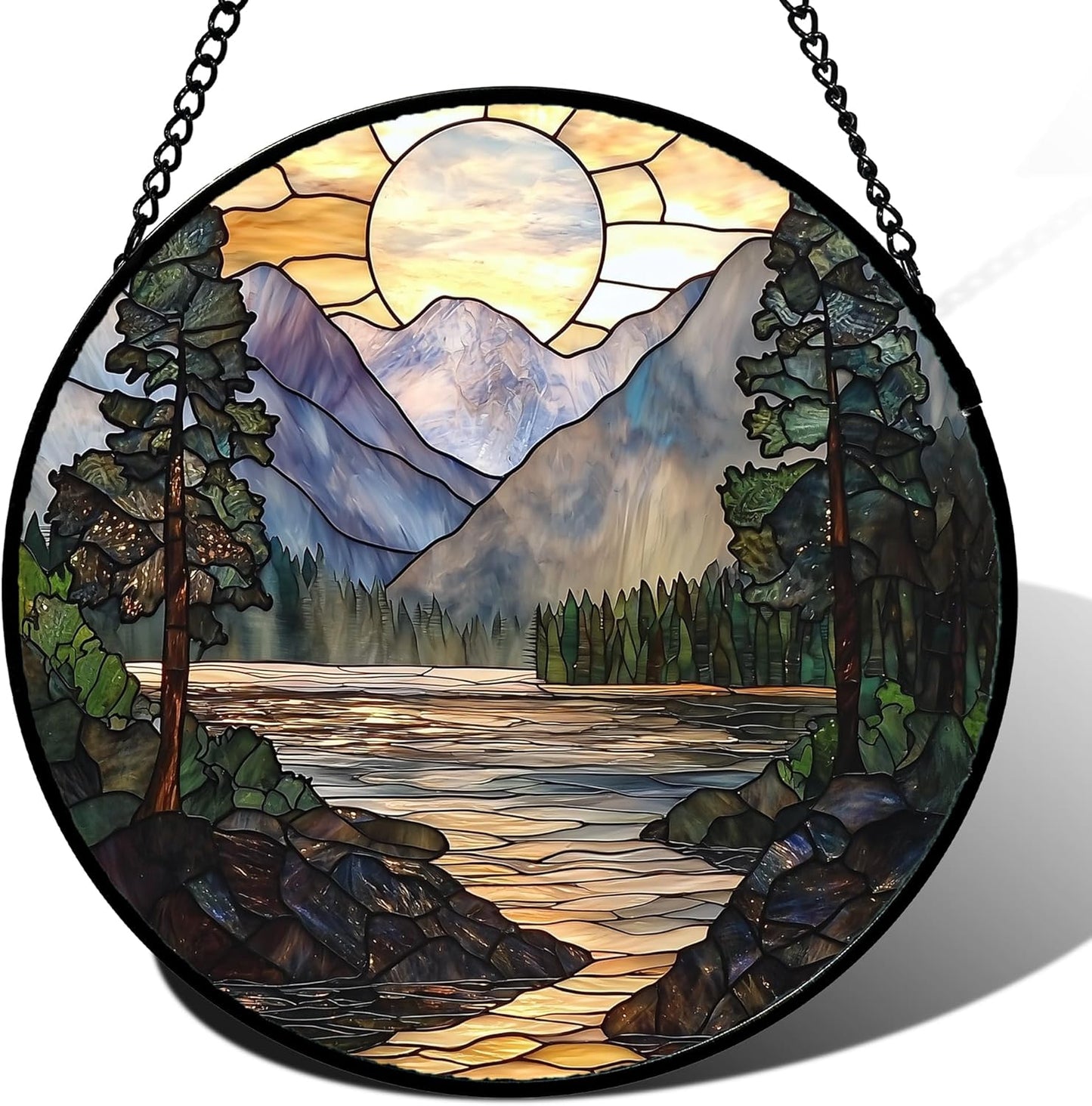 Stained Glass Window Hanging, Sunset Mountains Lake Tree Sun Catcher for Window Home Decor Landscape Suncatcher Mother's Day Birthday Gifts for Women Men Mom and Nana 11.8 in