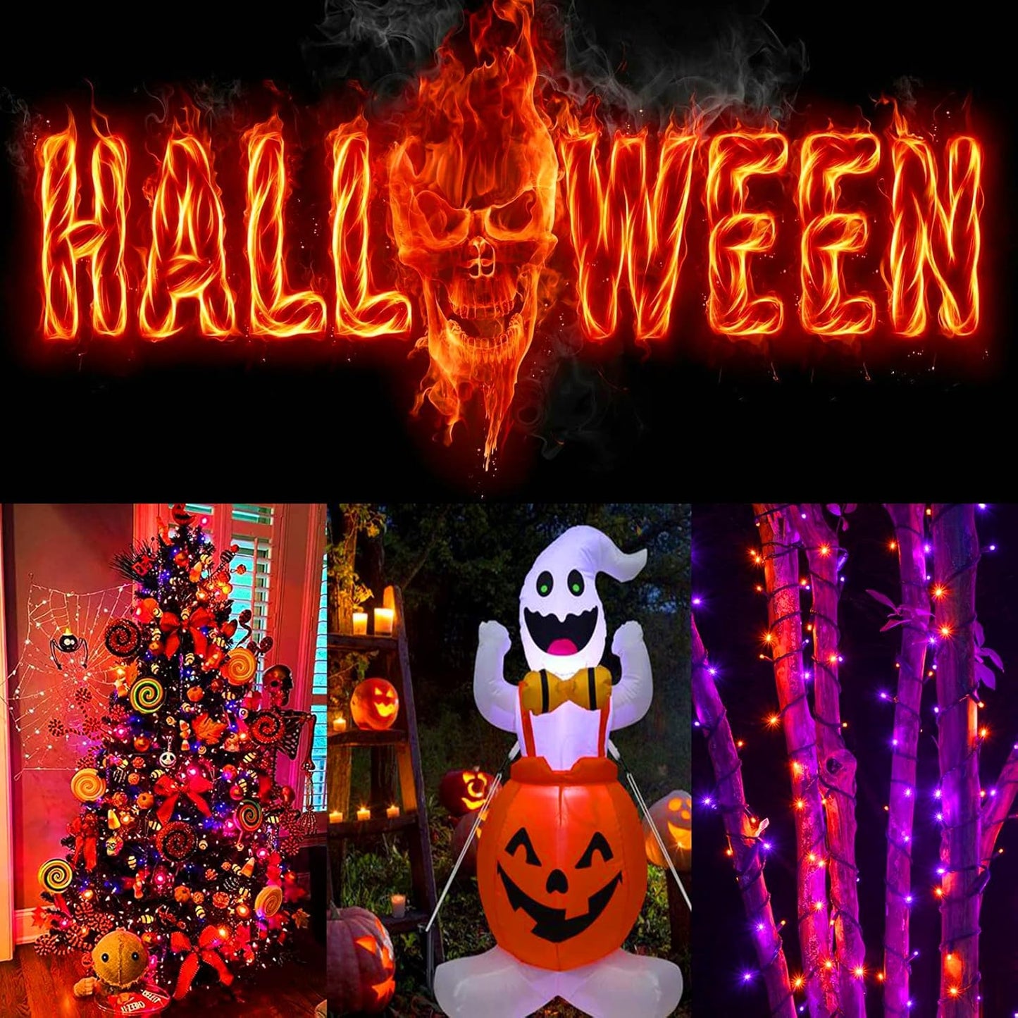 4pk Orange and Purple Solar Halloween Lights Outdoor Waterproof, 400LED 132FT Solar Powered LED String Lights Black Wire with 8 Modes, Solar Fairy Lights for Halloween Horror Party Tree Wedding Decor