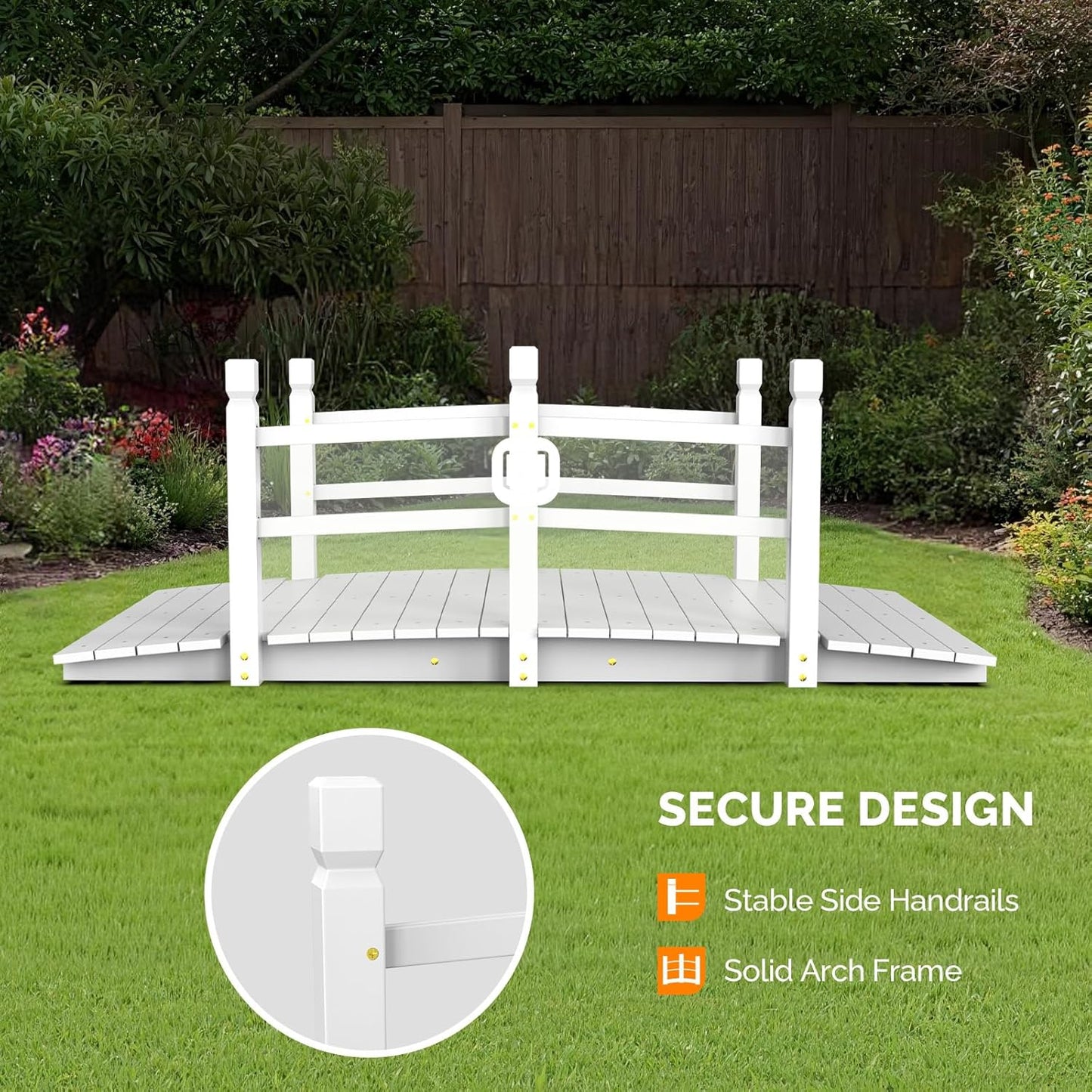 VINGLI Garden Bridge, Classic Wooden Arch with Safety Rails Footbridge (White, 5 ft)