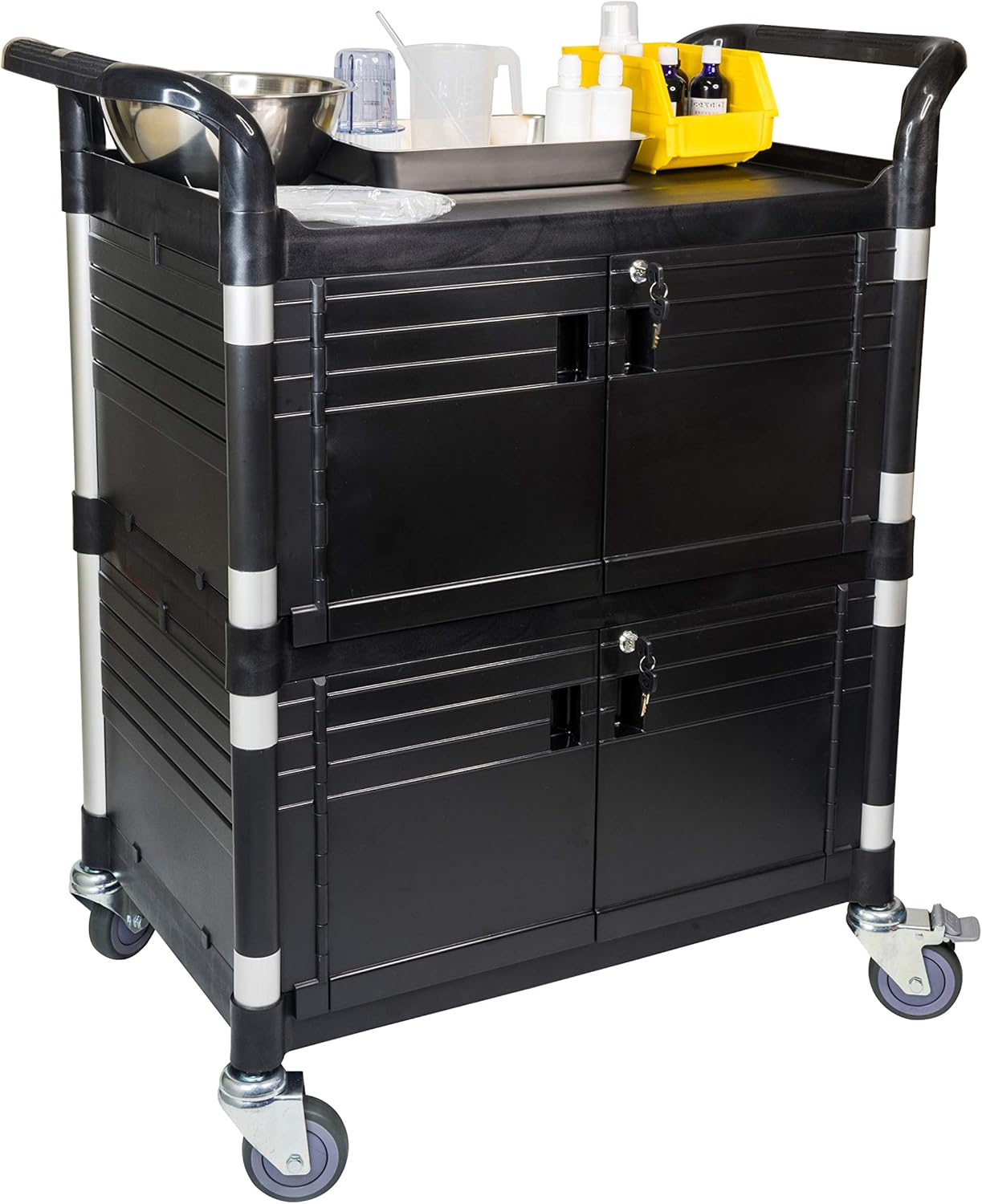 JaboEquip Commercial Heavy Duty Cabinet Rolling Medical Cart, Utility Cart, with 2 Lockable Doors Hospitality School Lab cart Service Cart, JB-3D2, Black Color
