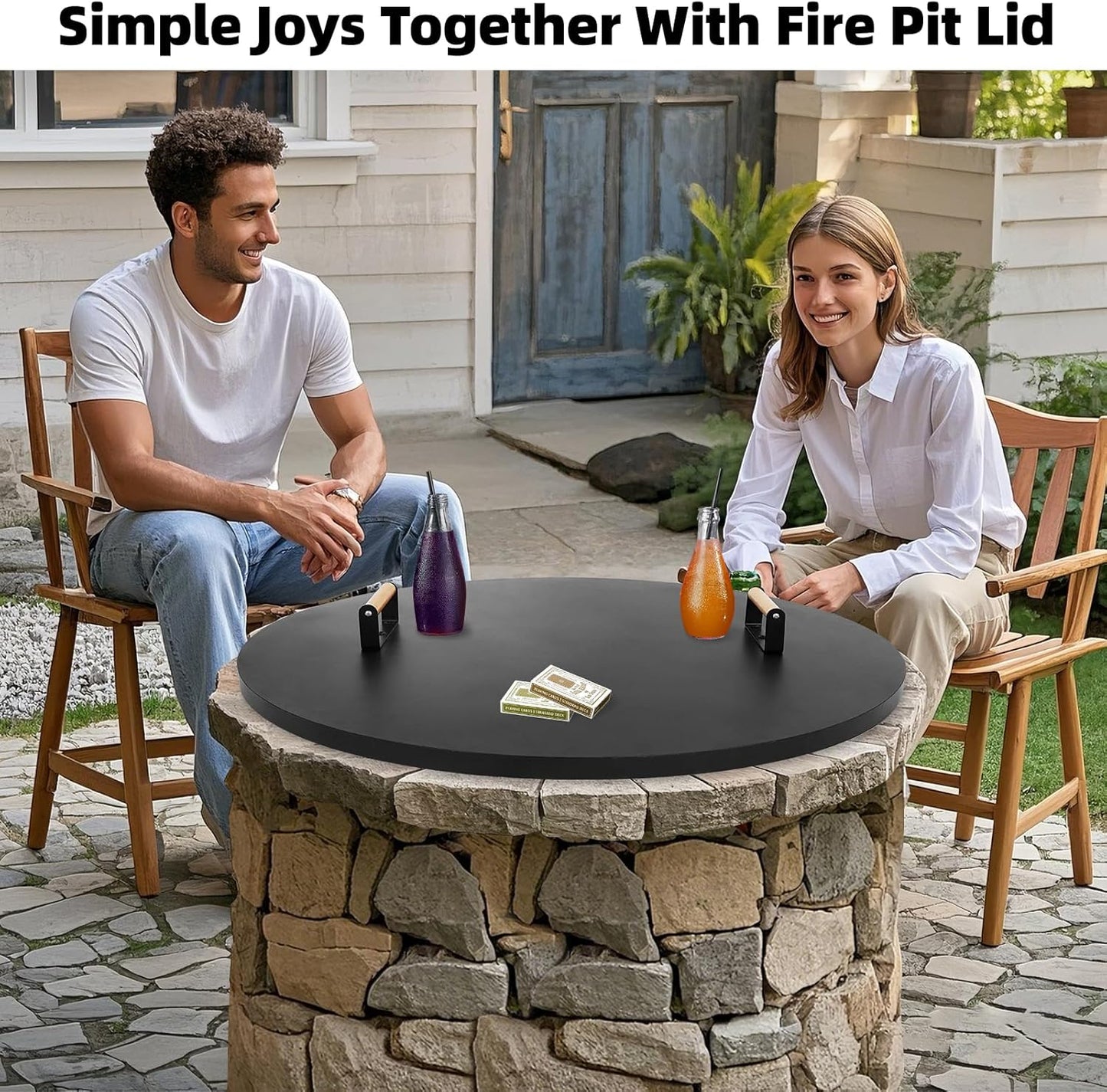 1MORE Fire Pit Lid Round 38" - Metal Firepits Cover with Wooden Handles for Patio Firepits,Rust Resistant 1.5mm Fire Pits Metal Lid, Firepits Accessory, Fire Pits Cover Round, All-season Protective