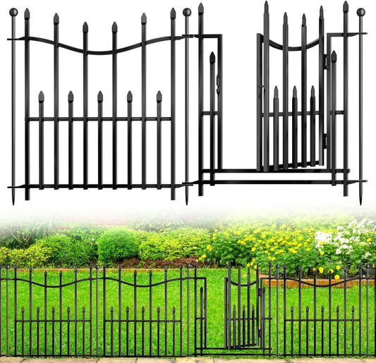 5 Panels No Dig Decorative Garden Fence with Gate, 24in(H) × 11ft(L) Heavy-Duty Rustproof Metal Panels, Outdoor Dog Barrier for Yard & Patio, Landscape, Border| Portable Temporary Fencing