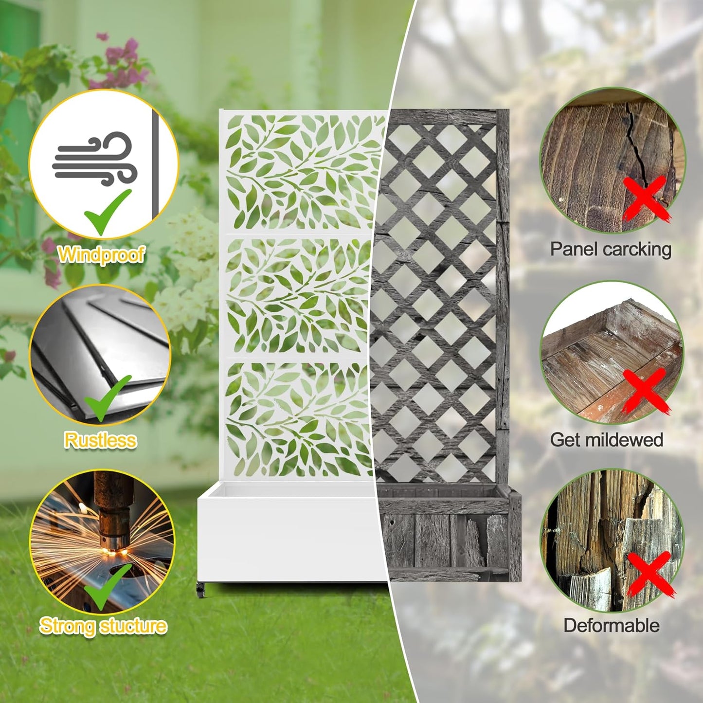 FENCY Metal Raised Garden Bed with Wheels and Trellis,73"x47"x16" Planter Box for Climbing Plants, Vegetables & Vines, Features Privacy Screen and Drainage Holes (White-Leaf-2)