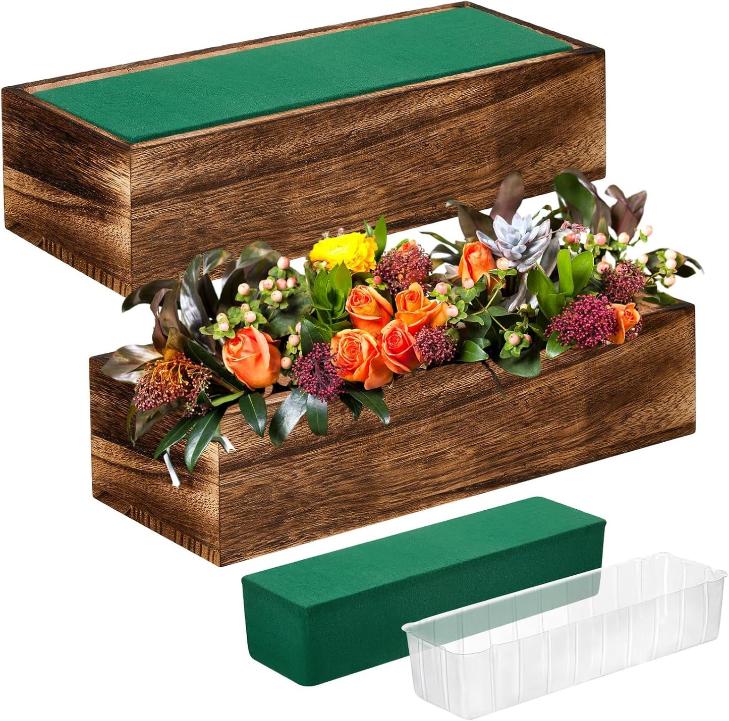Dandat 4 Set Wood Boxes for Centerpieces 12x4 Inch Rectangle Wooden Planter Box Rustic Wood Planter with Removable Plastic Liner Floral Foam Blocks for Centerpieces Home Wedding Garden Decor