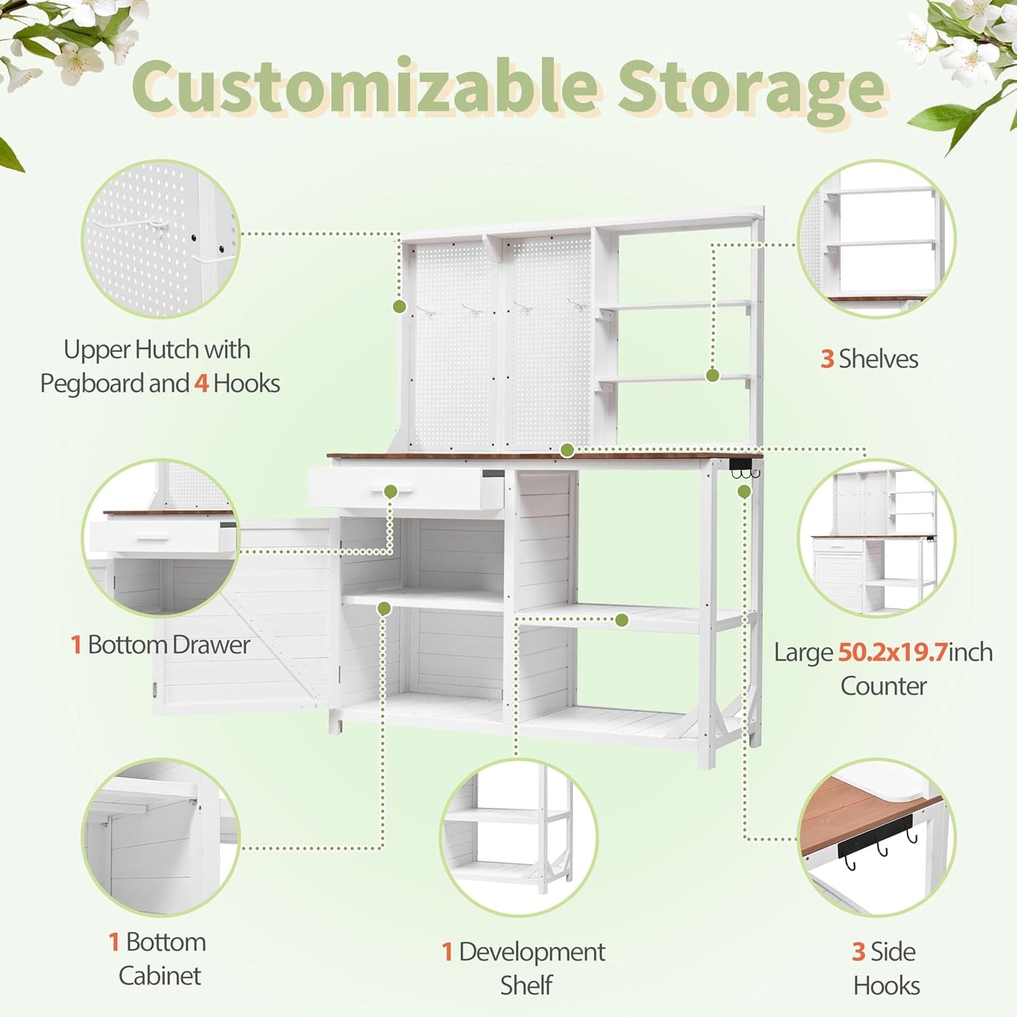 Fir Wood Potting Bench with Hutch - Outdoor Garden Workstation with 4 Shelves, Drawer & Adjustable Storage, 50.2" Countertop, & Pegboard (White + Wood + Rustic)
