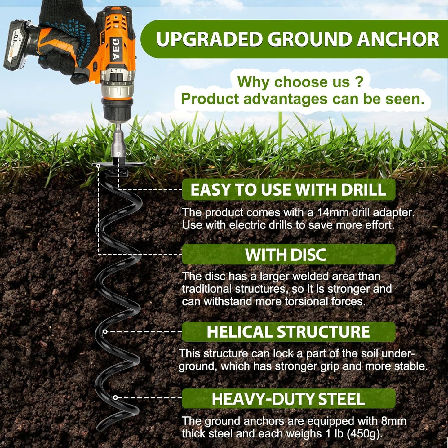 12 PCS 15.3 Inch Ground Anchors Heavy Duty for High Winds Screw in Earth Anchor Swing Set Spiral Auger Stakes for Tent Trampoline Tree Garden Fence Sheds Swingset, Easy Use with Drill