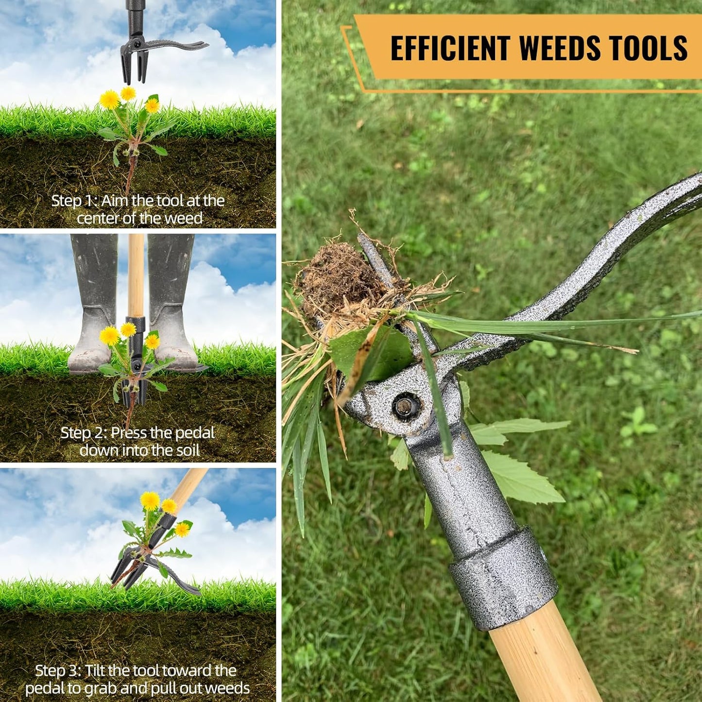Weed Puller Tool, Stand Up Weed Remover Tool with Long Handle, 4-Claw Steel Head Manual Weeders, Gardening Hand Weeding Tools Without Bending, Pulling, or Kneeling