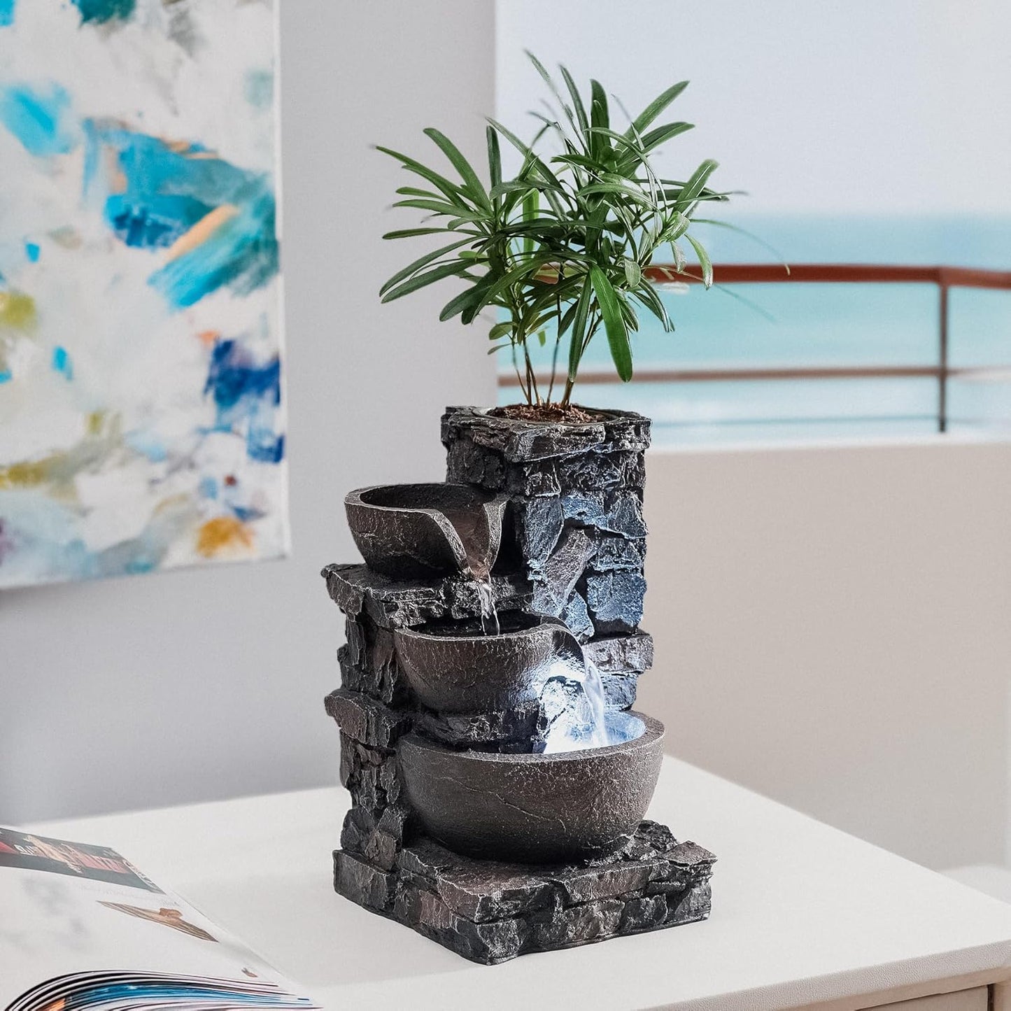 Indoor Tabletop Fountain Waterfall Meditation Exquisite Meditation Desk Water Decorative Zen Fountain Office and Home Decoration Grow Plant/Herbs by Yourself