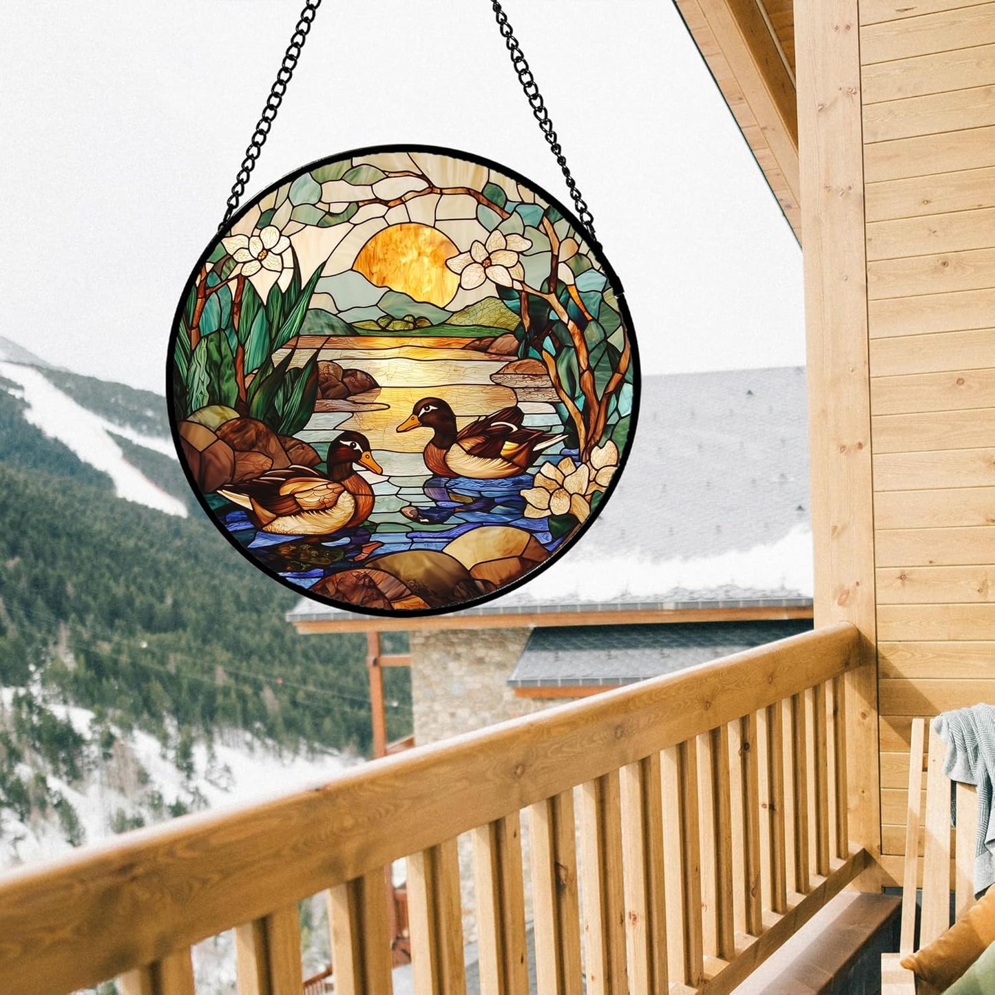 Stained Glass Window Hanging, Ducks in The Pond Sun Catcher for Door Home Decor Landscape Plant Suncatcher Christmas Mother's Day Birthday Gifts for Women Men Mom Nana 15 in