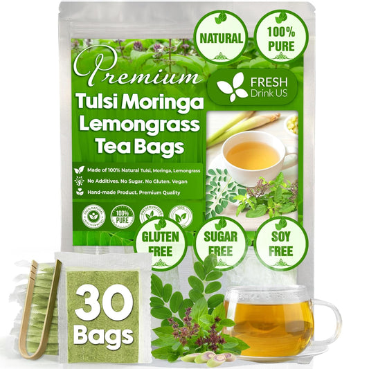 FreshDrinkUS, Premium 30 Tea Bags Tulsi Moringa Lemongrass, 100% Natural & Pure from Tulsi Holy Basil Leaves, Moringa & Lemongrass. Made with Natural Material Tea Bags. No Sugar, No Caffeine, Vegan.