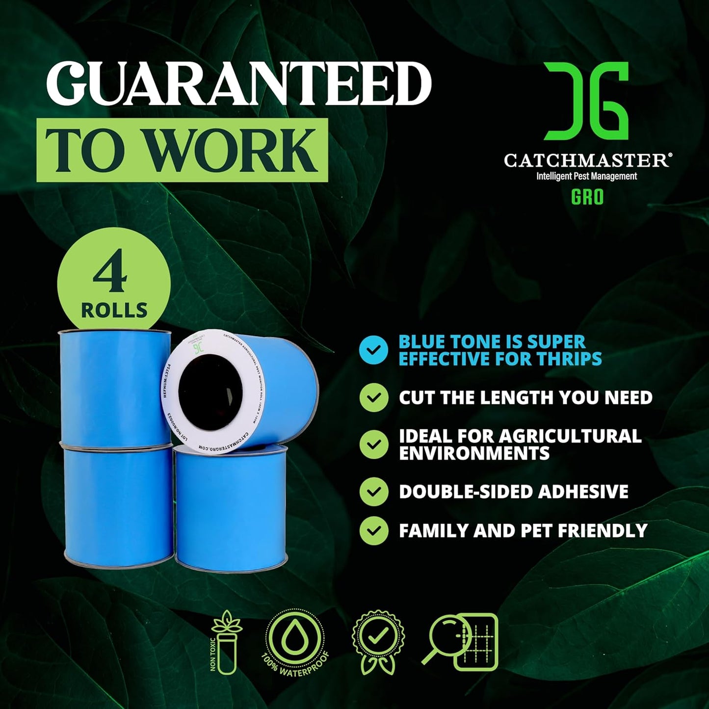 Catchmaster GRO XL AG Roll 4PK, Double Sided Adhesive Fly Tape Strips, Fungus Gnat Sticky Trap for Greenhouse, Garden, Nursery, Pest Control Gardening Supplies, Pet Safe Insect Trap, 328' x 6", Blue