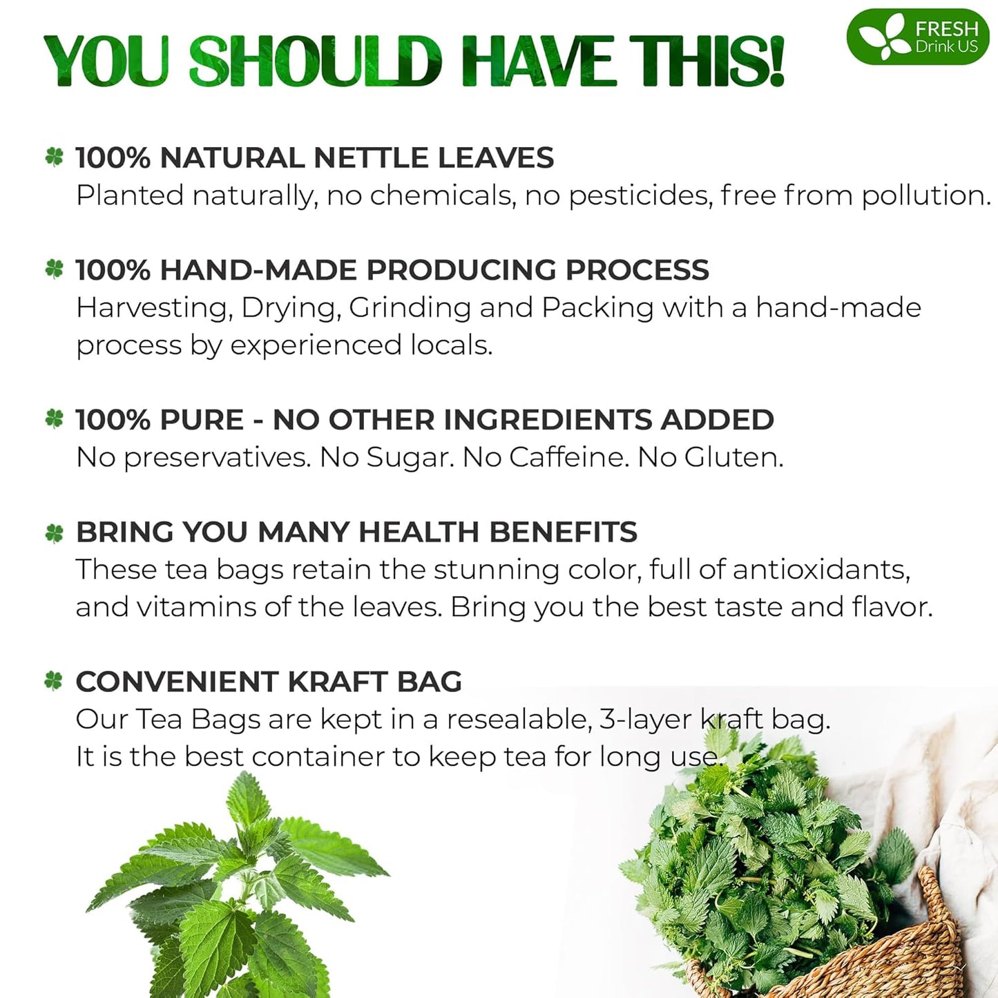 FreshDrinkUS, Premium 75 Nettle Leaf Tea Bags, 100% Natural & Pure from Nettle Leaves. Loose Leaf Nettle Herbal Tea. Nettle Leaf Tea. No Sugar, No Caffeine, No Gluten, Vegan.