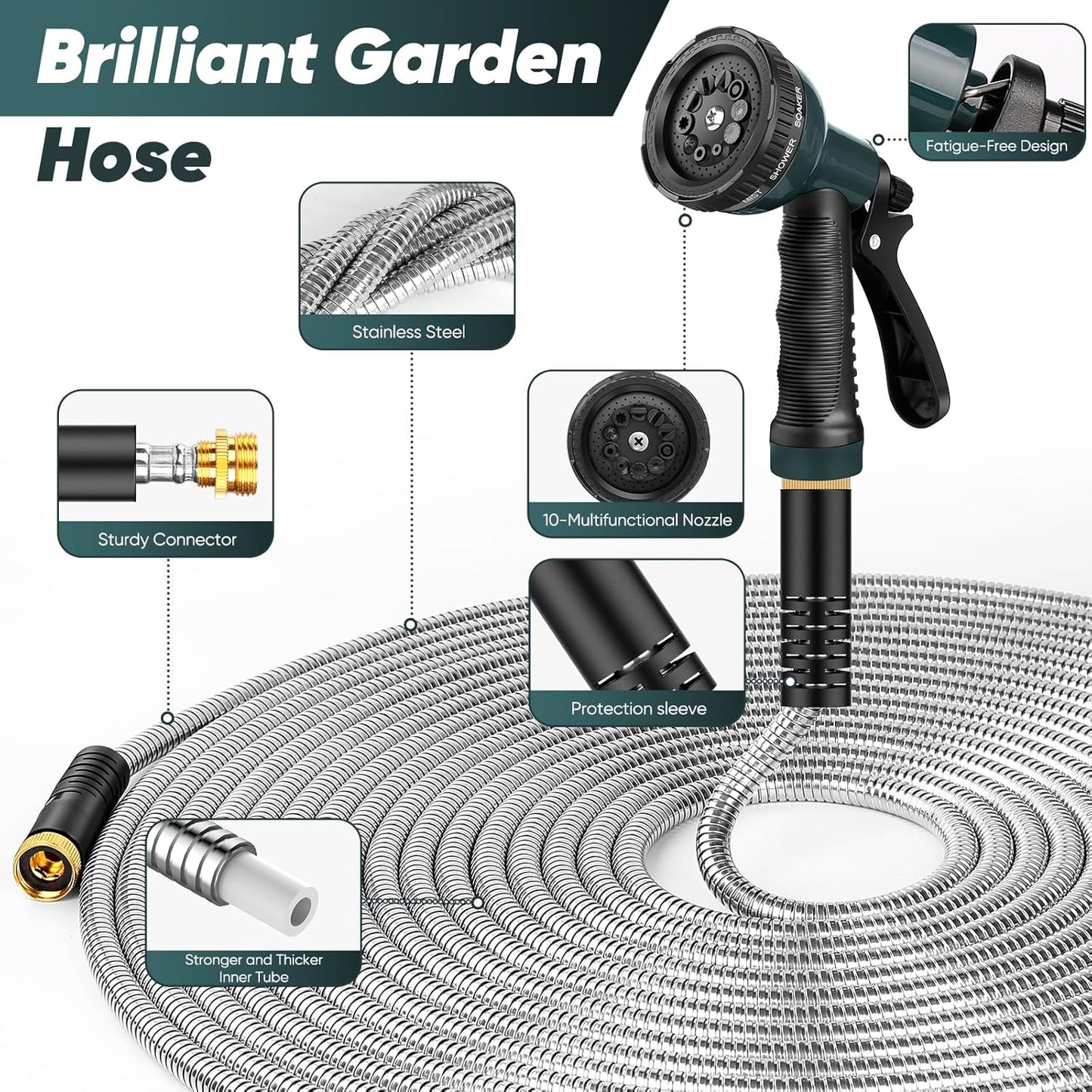Garden Hose 200 FT with 10-Function Nozzle, Leak-proof Metal Connector Water Hose, No Knots, Kink-Free, Lighter, Anti-Pets, Wear-Resistant, 3/4 GHT, Metal Hose for Garden, Yard, Outdoor