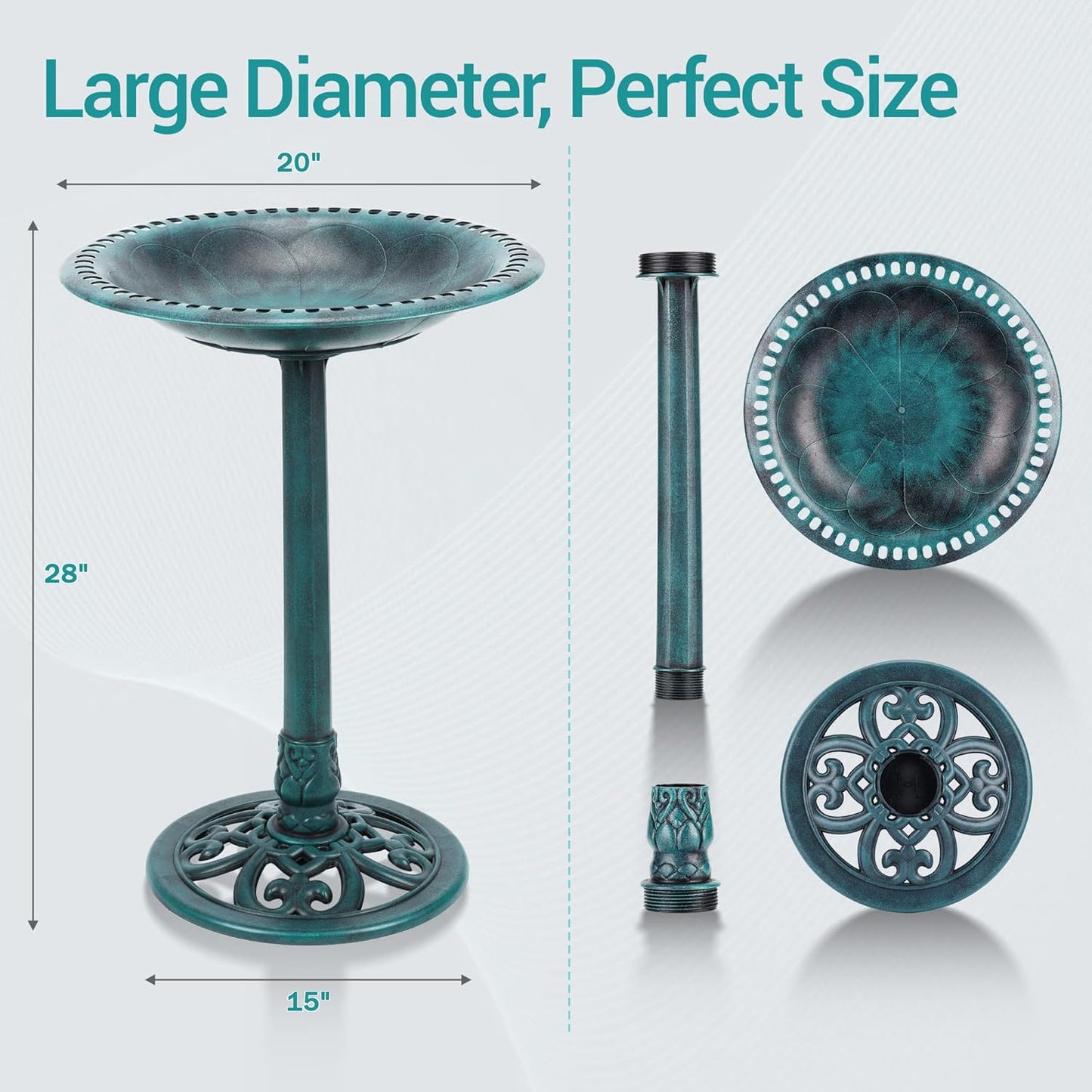 Bird Bath 28 Inch Height, Polyresin Standing Antique Birdbath for Outdoor Garden Decor, Green