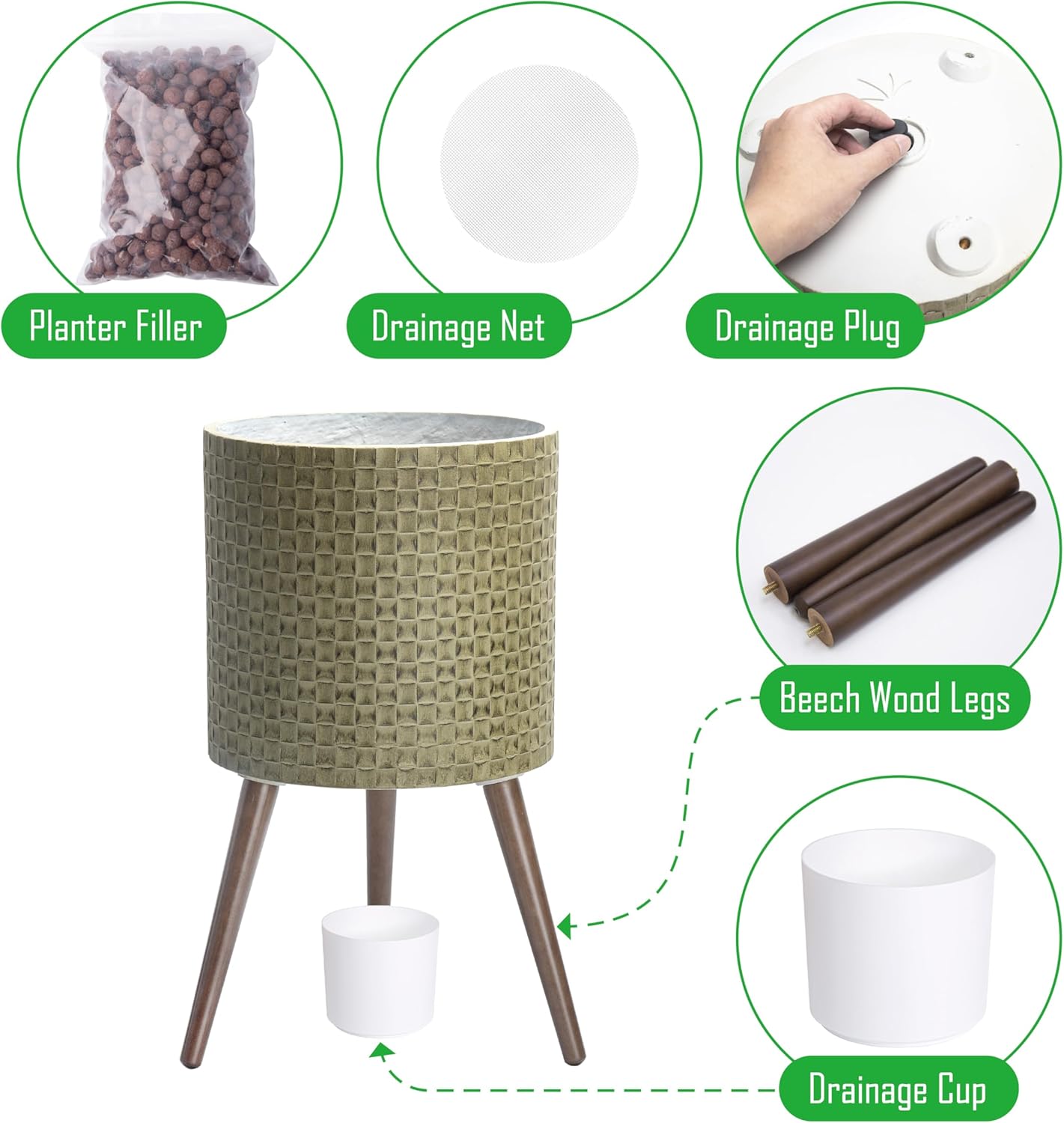 D'vine Dev 14 Inch Modern Geometric Tile Patterned Sleek Planter Pot with Stand, Indoor Outdoor Decorative Plant Holder, Distressed Olive, 88-Z-D-4