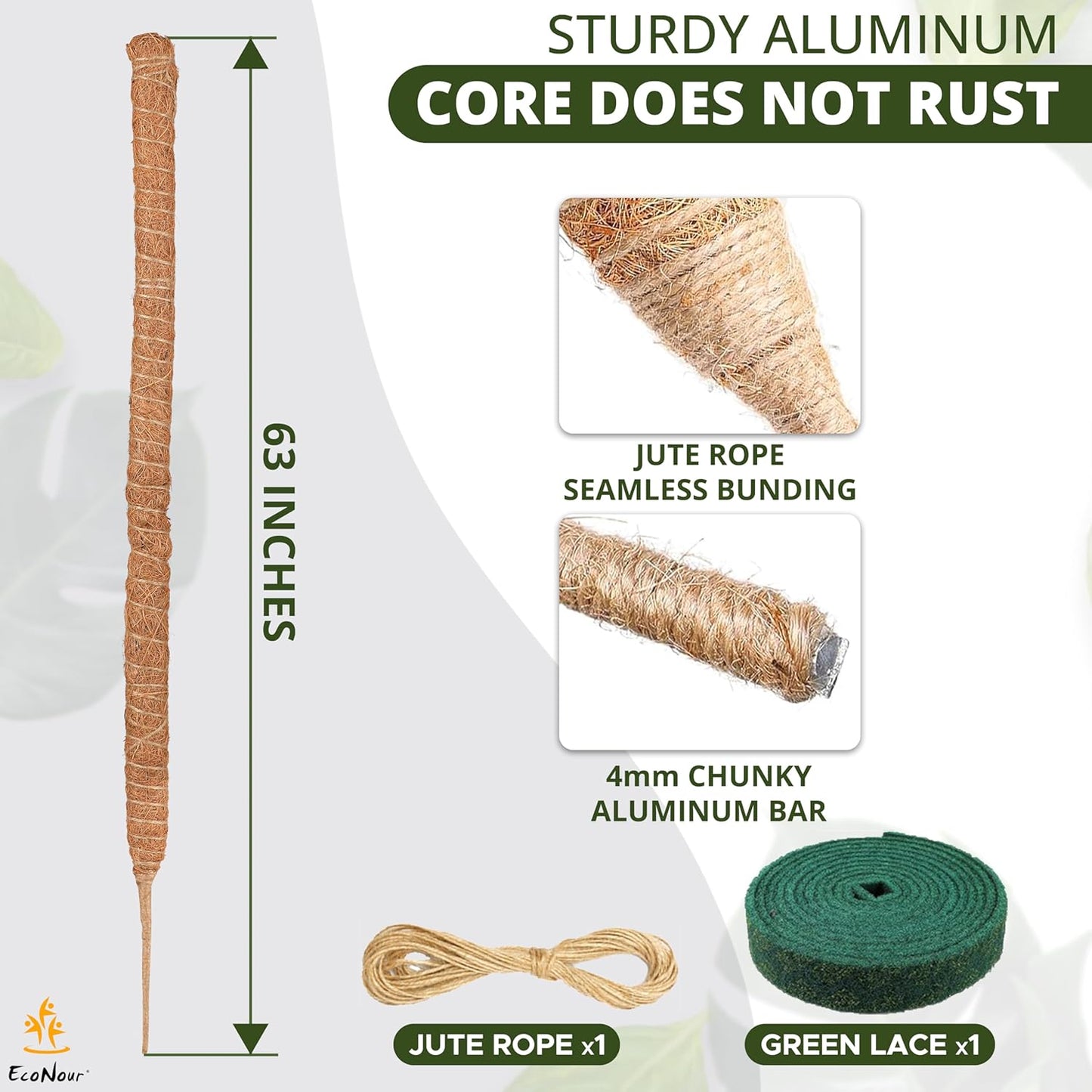 EcoNour Tall Moss Pole for Plants (1-Pack) 63-Inch | Large Monstera Plant Support for Climbing and Growth | Elevate Your Indoor Garden | Tall Plant Support for Indoor Potted Plants to Grow Upwards