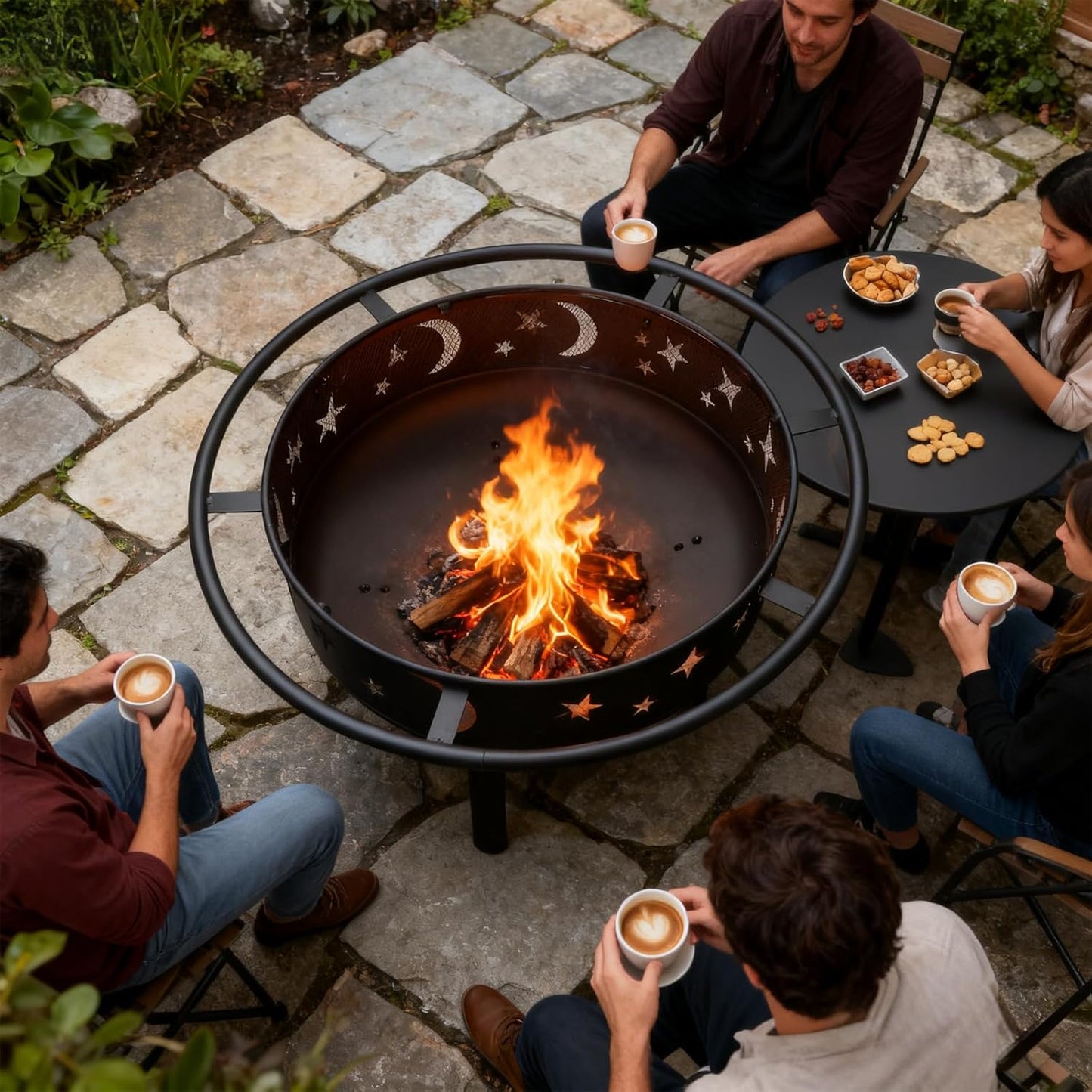 Grovelli 38" Round Wood Burning Fire Pit with Mesh Cover, Fire Poker, Star & Moon Cutouts, Metal Outdoor Firepit for Patio, Backyard, Garden, Bonfire, Camping, Christmas, Thanksgiving, Halloween