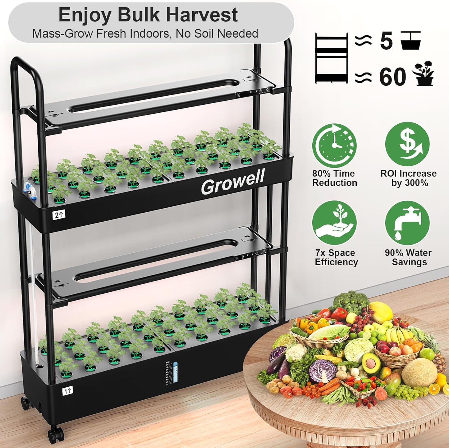 Growell Large Hydroponics Growing System Kit, 60 Pods Vertical Hydroponic Garden with 2 Light Modes Grow Light, Auto Circulating Water System, 32L Indoor Gardening System for Herb Vegetable Fruit