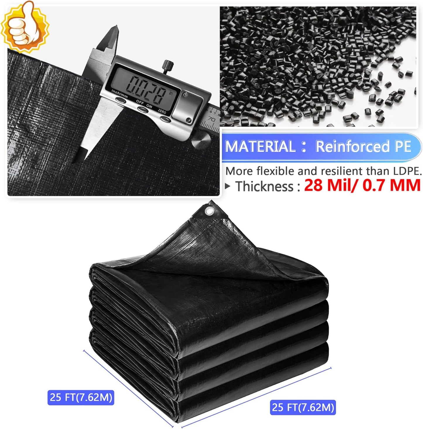 Reinforced PE Pond Liner 25 x 25 FT, 28 Mil Sun Resistant Preformed Pond Liner, Hemmed Edge with Buttonholes Liner for Outdoor Large Ponds, Fish/KOI/Duck Pond, Garden Waterfall, Waterscape, Black