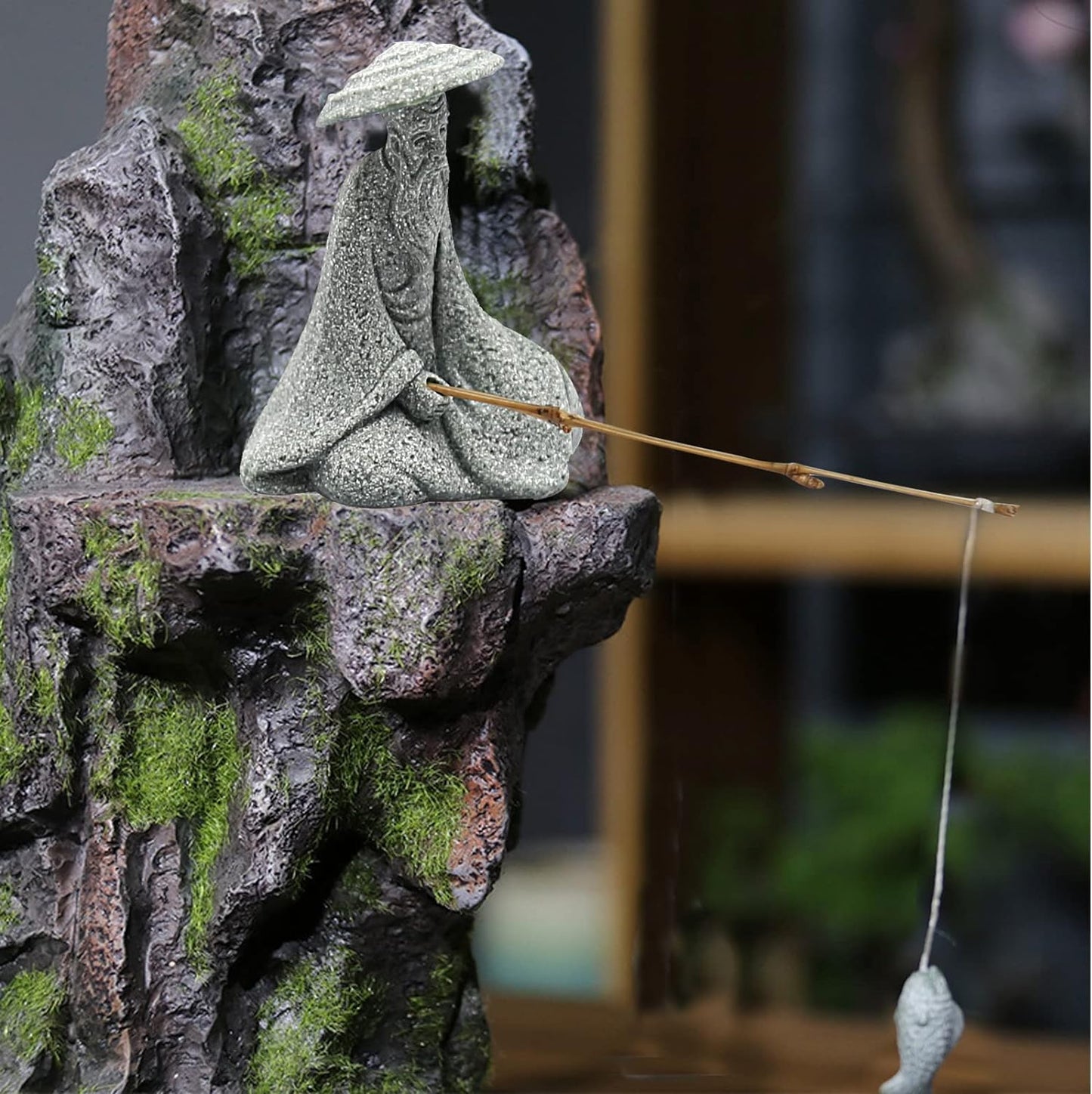 2PCS Sitting Fishing Figurines Sandstone Vintage Ornament Japanese Decor for Fish Tank Pot Garden Home Aquarium Mini Fisherman Statue Asian Zen Decoration