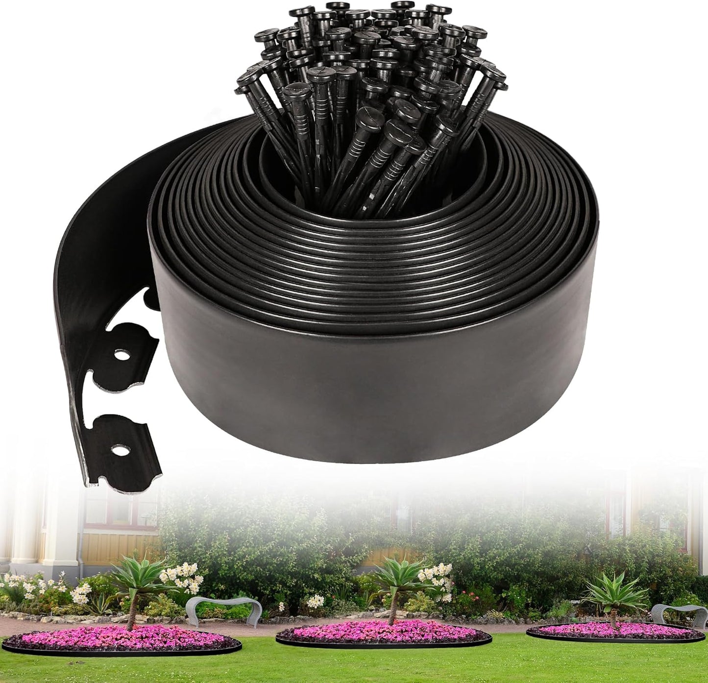 4 Inch Tall Garden Edging Border 33FT with 45pcs Spikes, Plastic Edging Border for Landscaping, Lawn, Garden, Flower Beds, Paver, Pathway