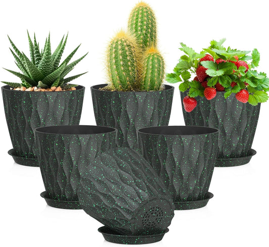 5 inch Plant Pots for Indoor Outdoor Plants, 6 Pack Thick Nursery Pots with Drainage Holes and Saucers, 3D Modern Wave Texture Small Plastic Planter Flower Pots, Black with Green Speckles