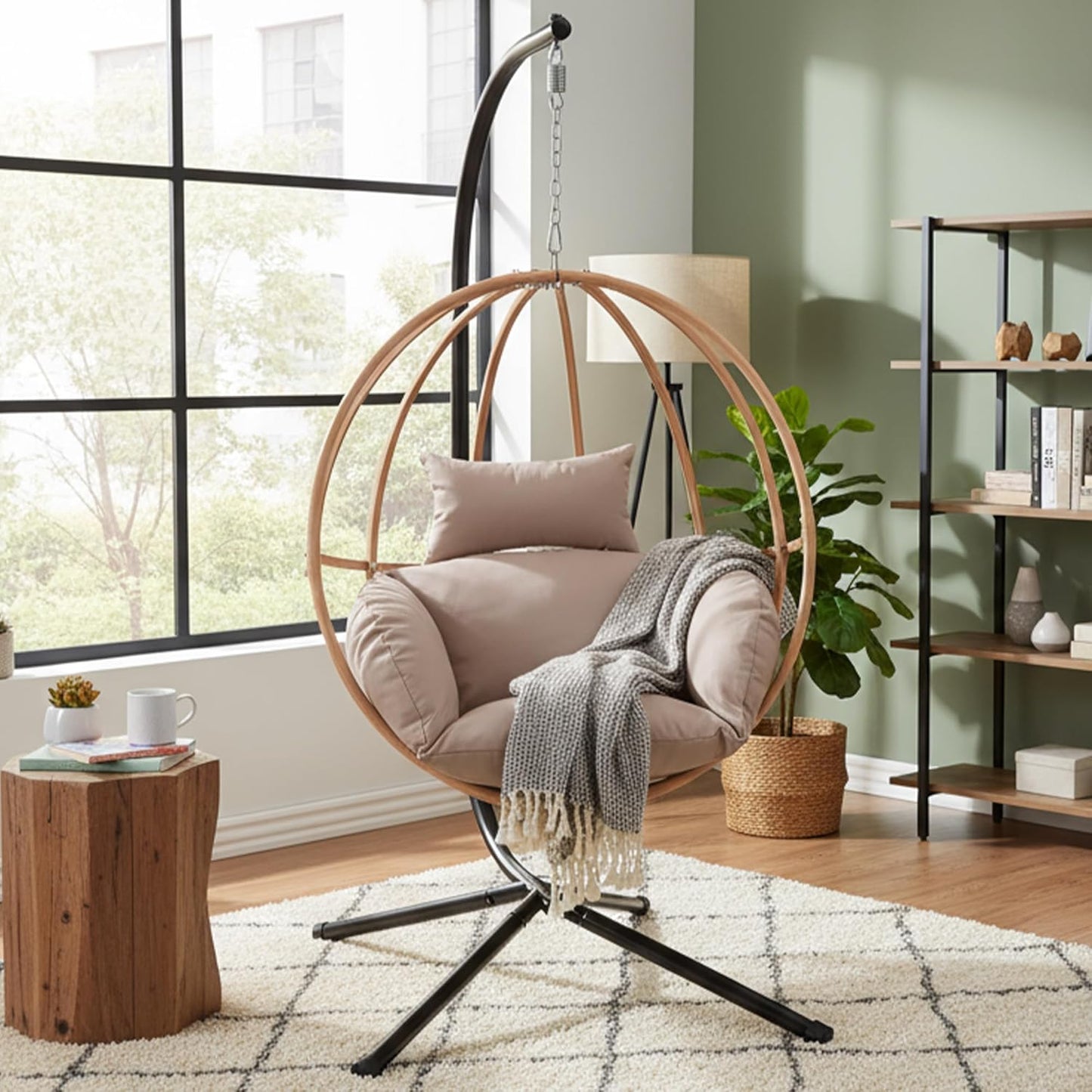 Egg Cahir Outdoor, Imitation Rattan Hanging Egg Chair with Stand, Hanging Chairs with Cushions, 80" High All Weather Basket Swinging Chairs, Egg Swing Chairs Outdoorfor Balcony/Deck, Khaki