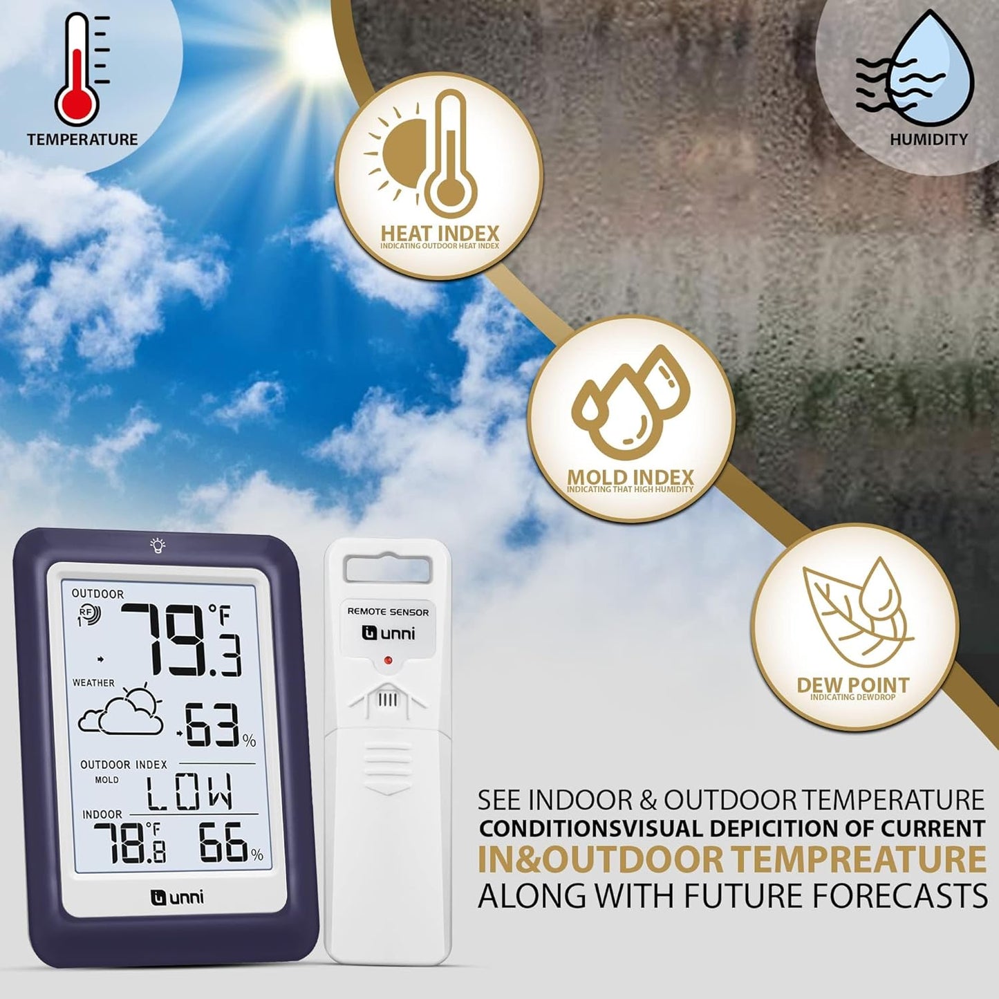 Indoor Outdoor Thermometer Wireless Weather Station, Temperature Humidity Monitor Battery Powered Inside Outside Thermometers with 330ft Range Remote Sensor and Backlight Display (Purple)