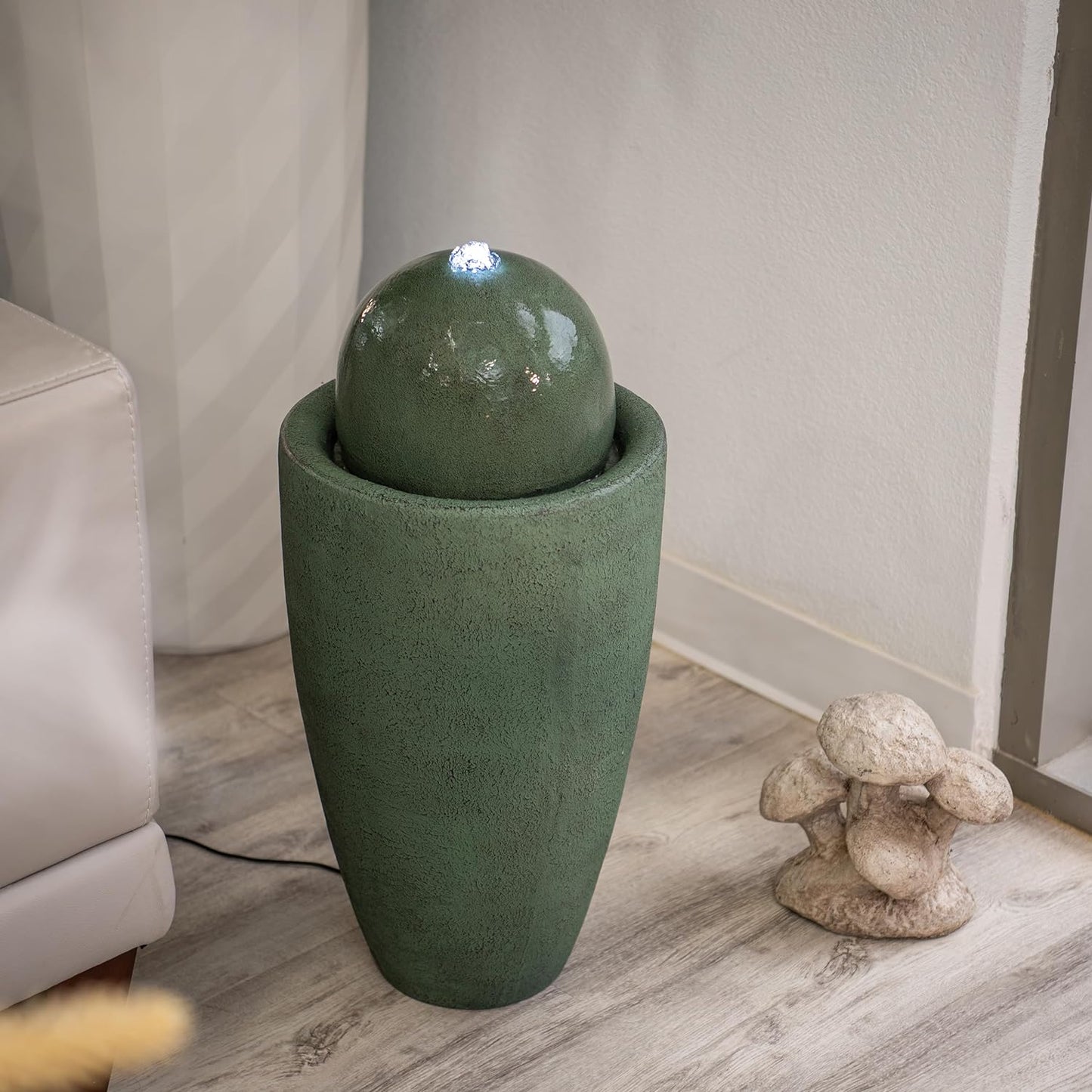 XBrand 25.98" H Round Stone Indoor/Outdoor Modern Stone Textured Sphere Water Fountain w/LED Lights, Ball Fountain Decor, Green