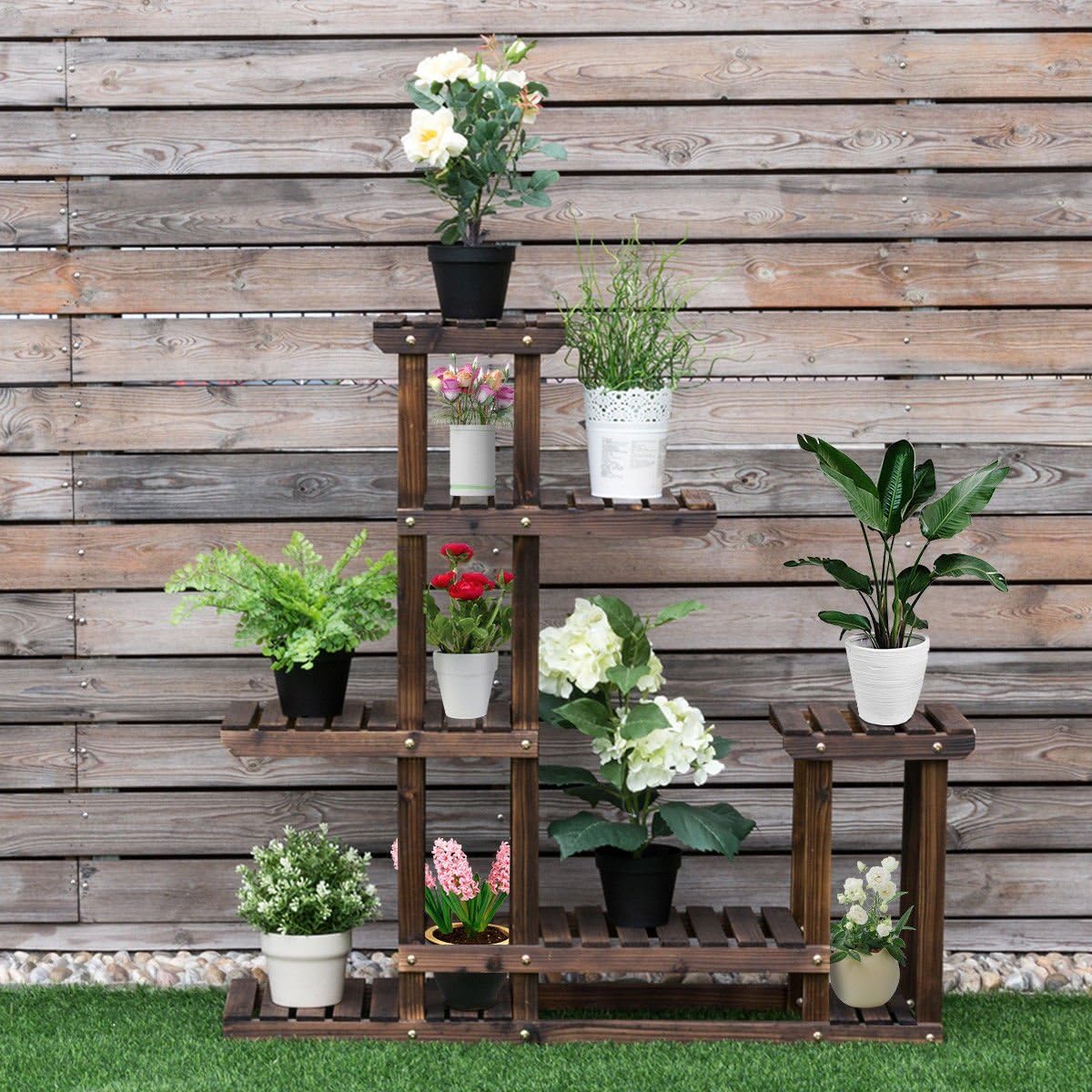 Giantex 6 Tier Wooden Plant Stand, 10 Pots Flower Display Rack, Vertical Shelves Plant Pot Holder, Multiple Tier Plant Succulent Bonsai Organizer Storage for Home Patio Balcony Garden