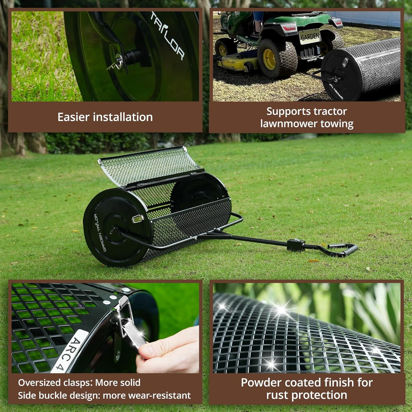 Compost Spreader 36 Inch Towable Peat Moss Spreader with Installation Support Accessories, Metal Mesh Roller Lawn Spreader for Top Soil, Manure, Mulch, Top Dressing - Garden spreaders for lawns