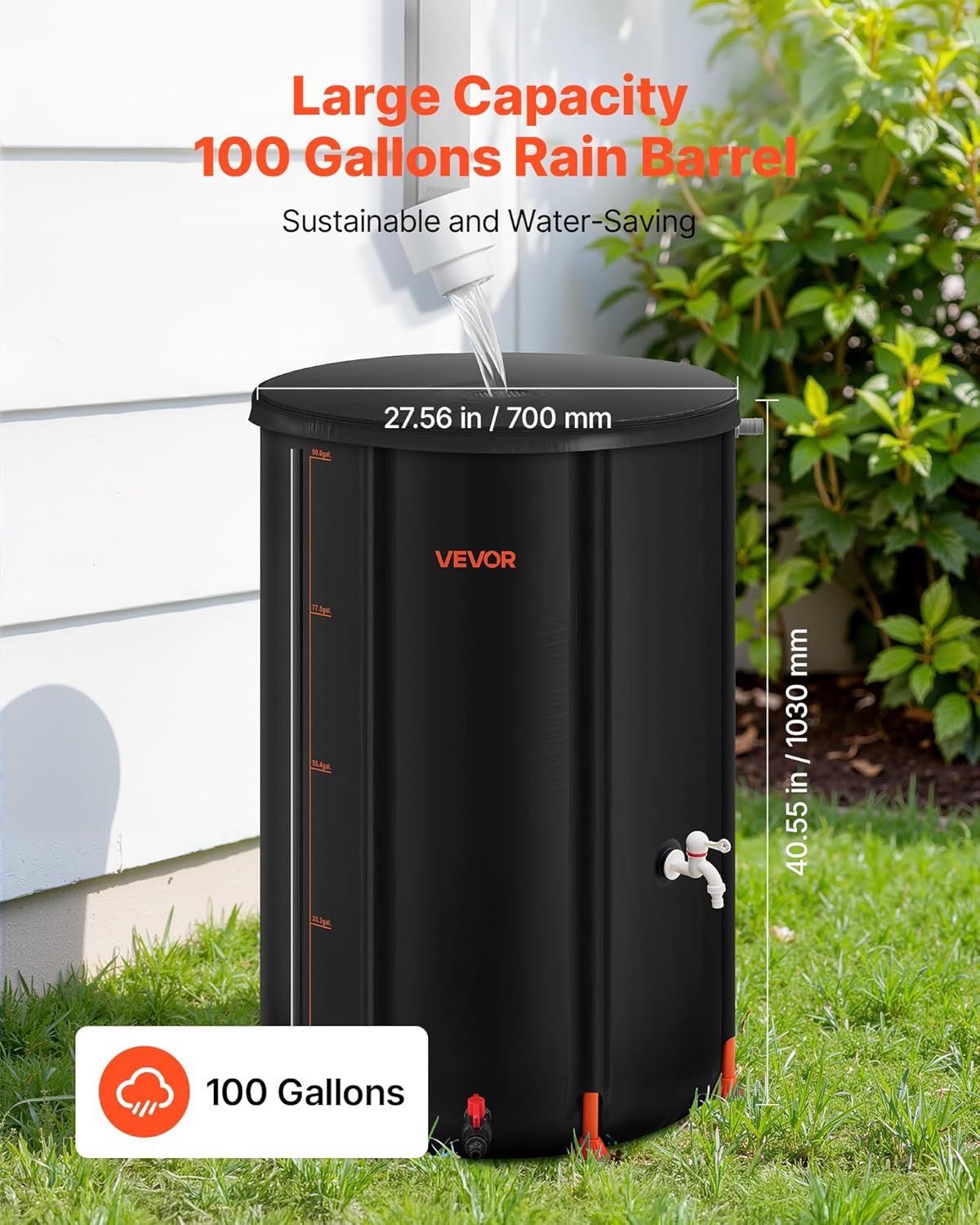 VEVOR Collapsible Rain Barrel, 100 Gallon Portable Rain Water Collection Barrel, 1000D PVC Rainwater Collection System, Garden Water Catcher Tank Storage Container with Spigot & Overflow Kit, Black